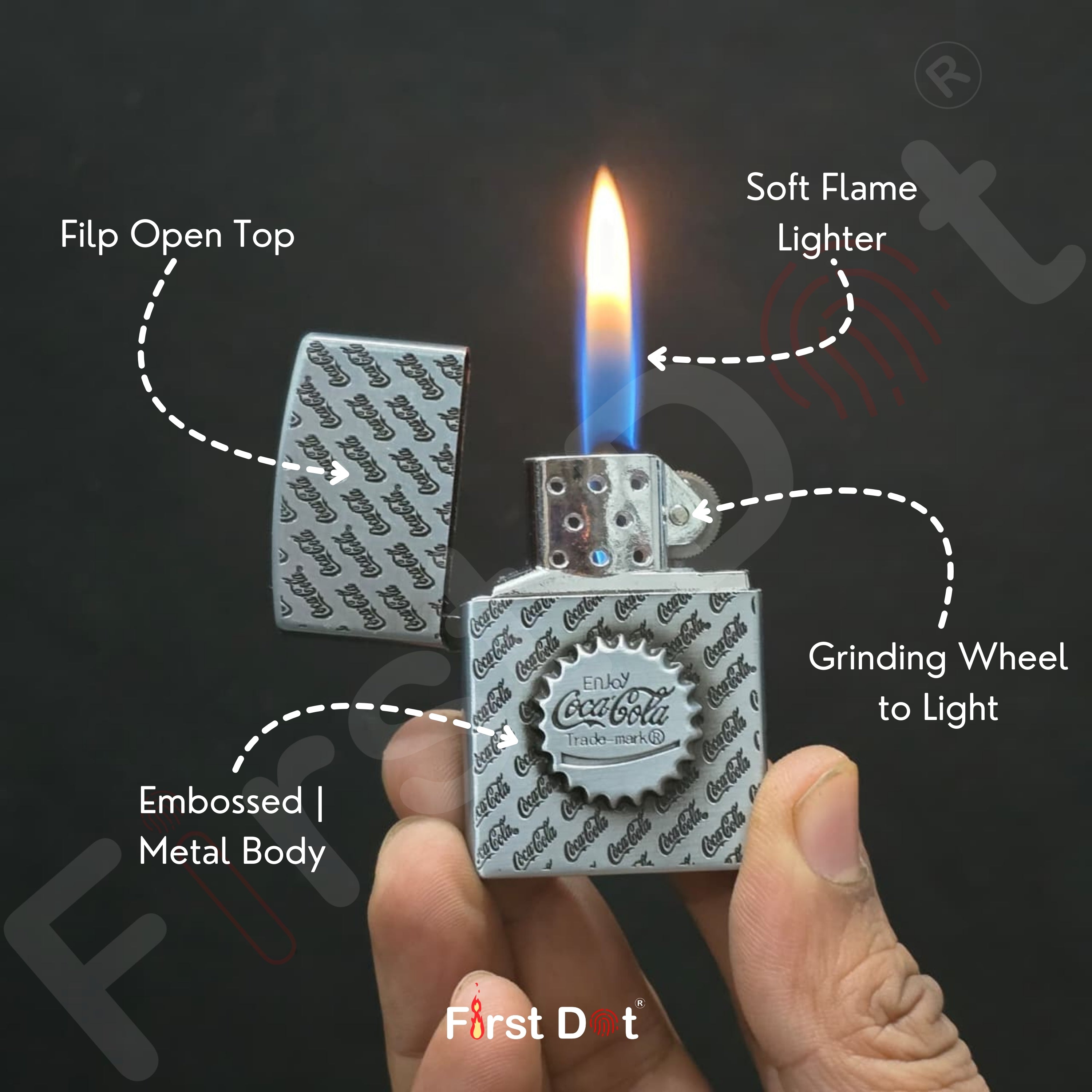 Coca-Cola branded lighter being held with labeled features on a dark background