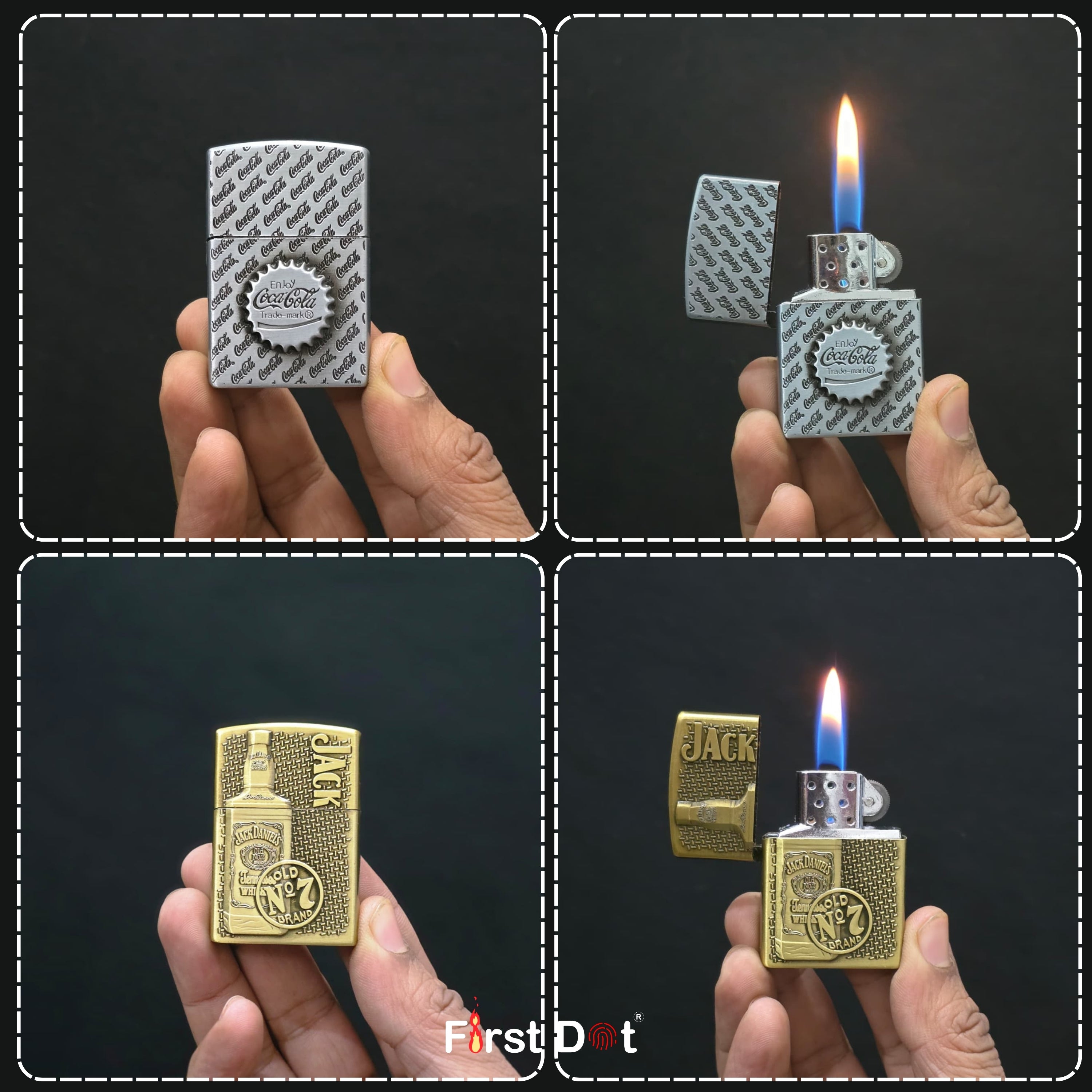 Four views of a branded lighter held in a hand against a black background, with 'FirstDot' branding.