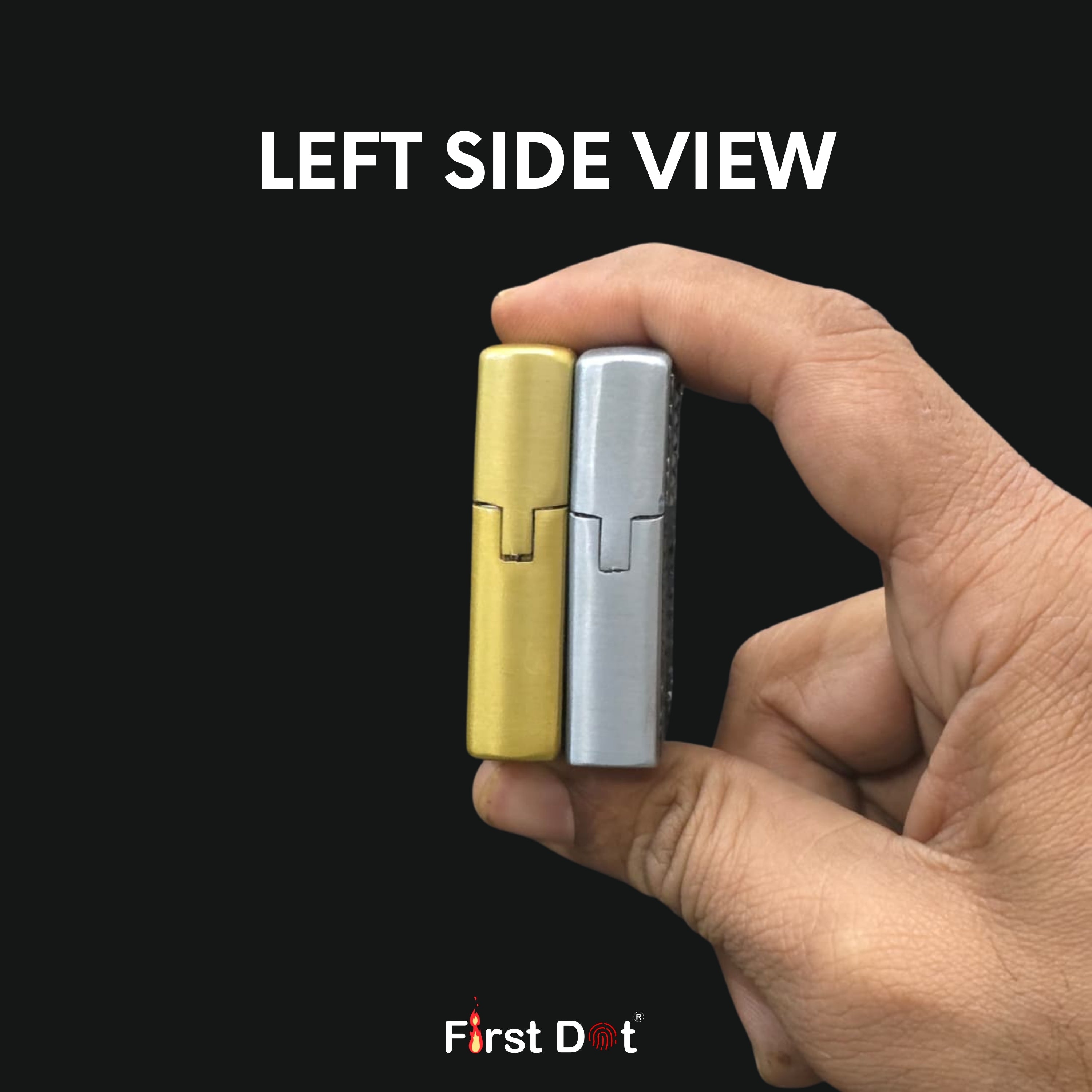 Hand holding two lighters, one gold and one silver, with 'First Dot' branding on a black background.