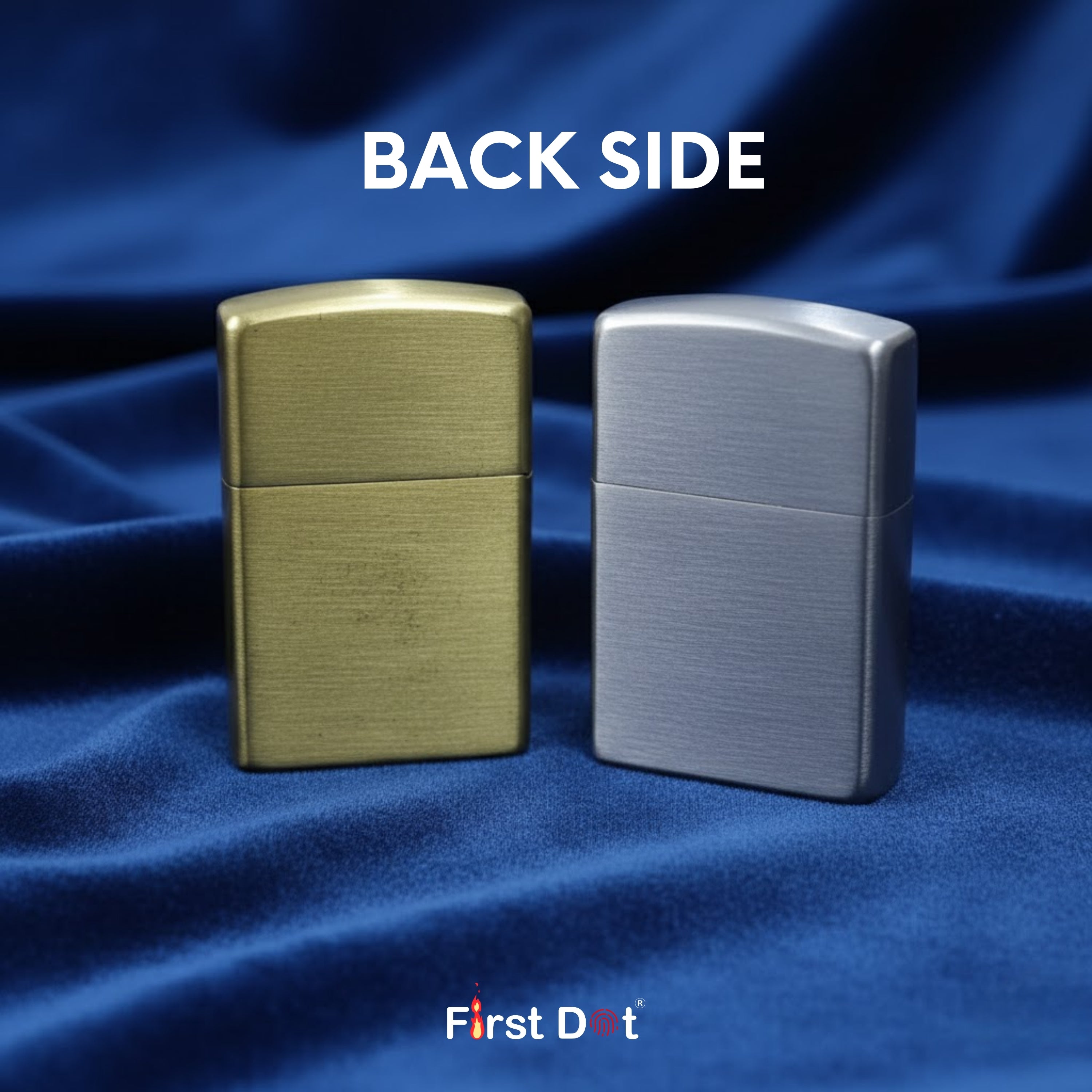 Two lighters, one gold and one silver, on a blue fabric background with 'First Dot' branding.