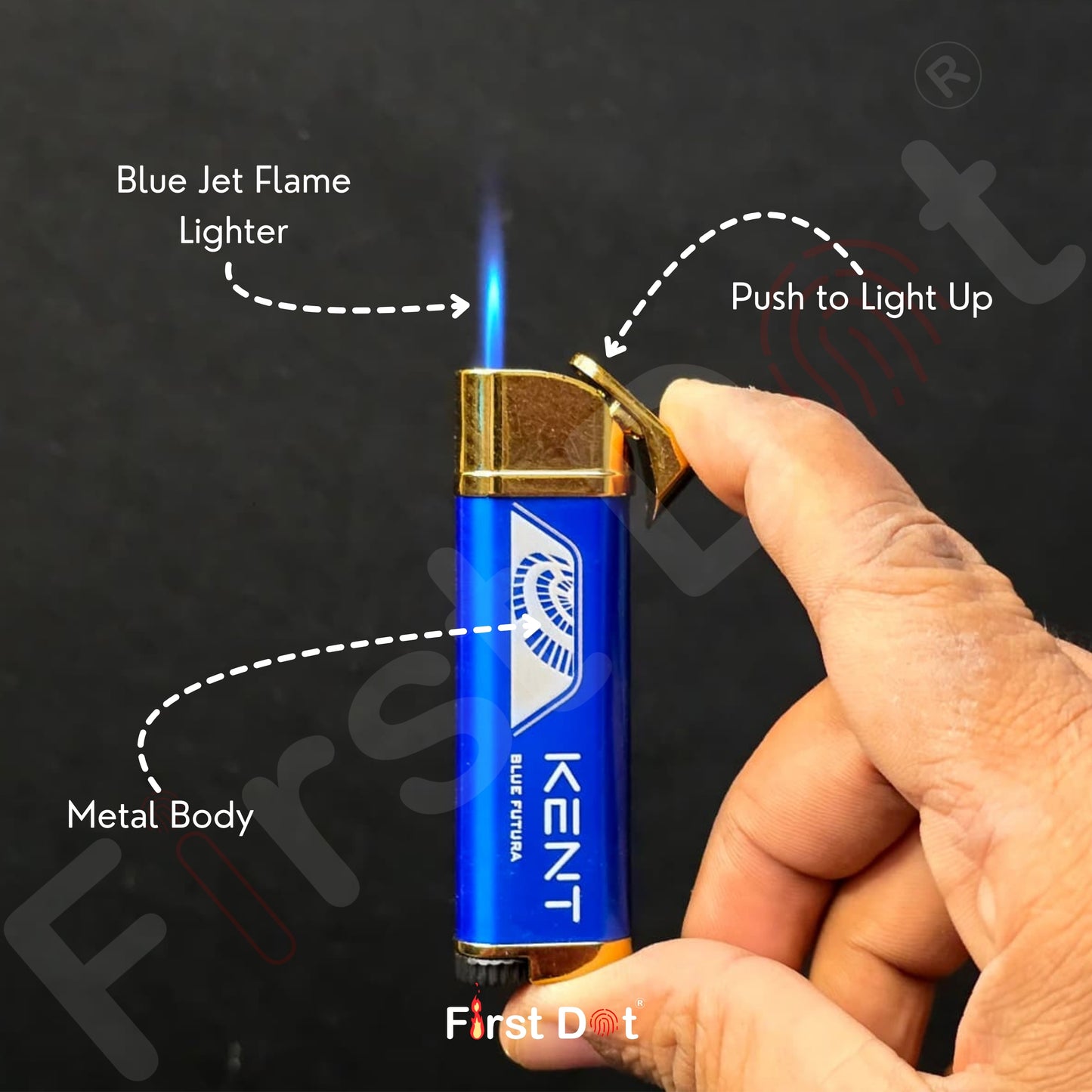 Kent lighter being held with a blue flame, labeled for features on a dark background