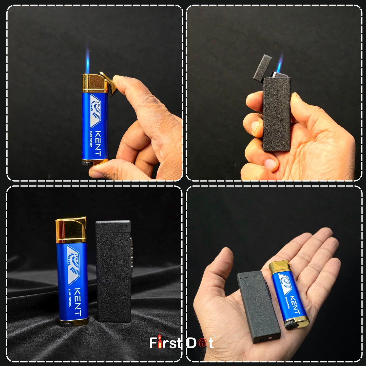 Kent lighter being held and used in various poses against a black background