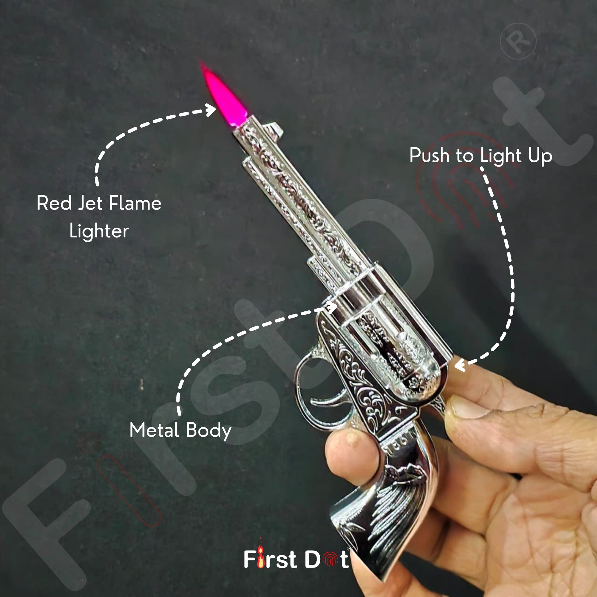 Gun-shaped lighter with red jet flame being held, labeled parts on a dark background.