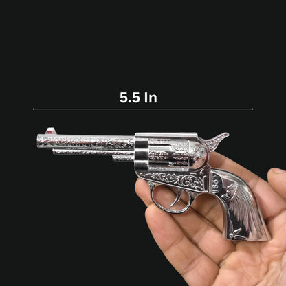 Silver revolver toy held in a hand with measurement label '5.5 In' on a black background Mini Metal Vintage Revolver Gun Lighter – Windproof Jet Flame