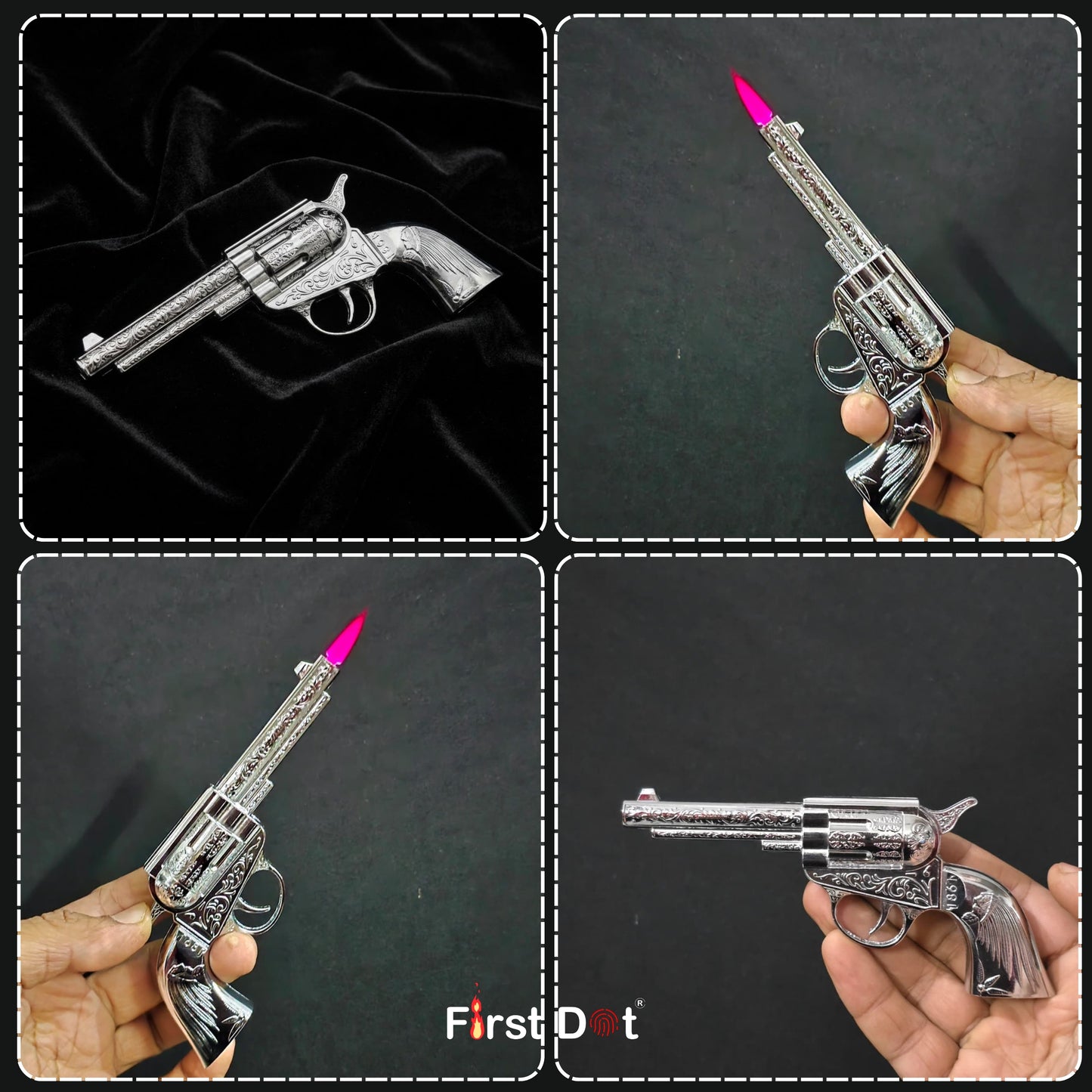 Collage of a silver revolver with a pink flame tip held by hands against a dark background, featuring the brand 'First Dot'. Mini Vintage Revolver Pocket Lighter – Windproof Jet Flame