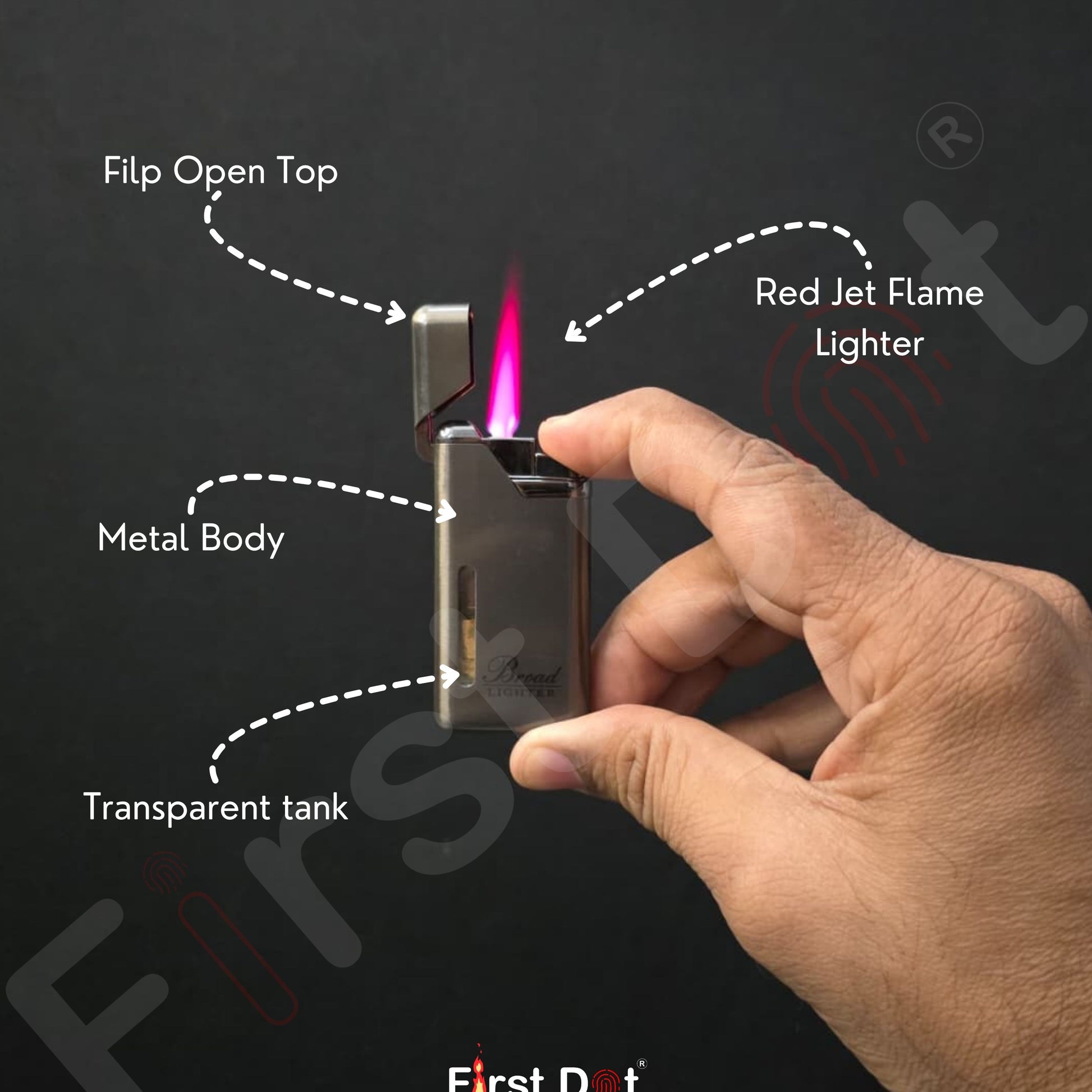 Hand holding a lighter with labeled parts on a dark background