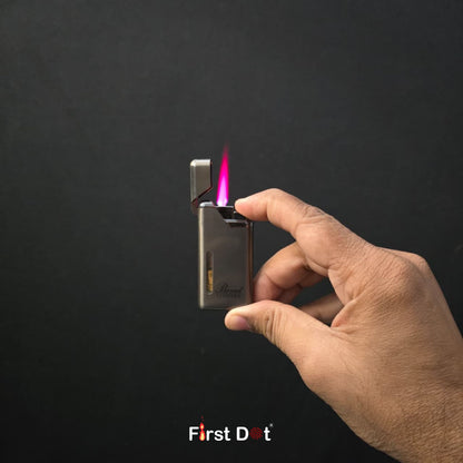 Hand holding a lighter with a visible flame against a dark background, featuring the 'First Dot' brand.