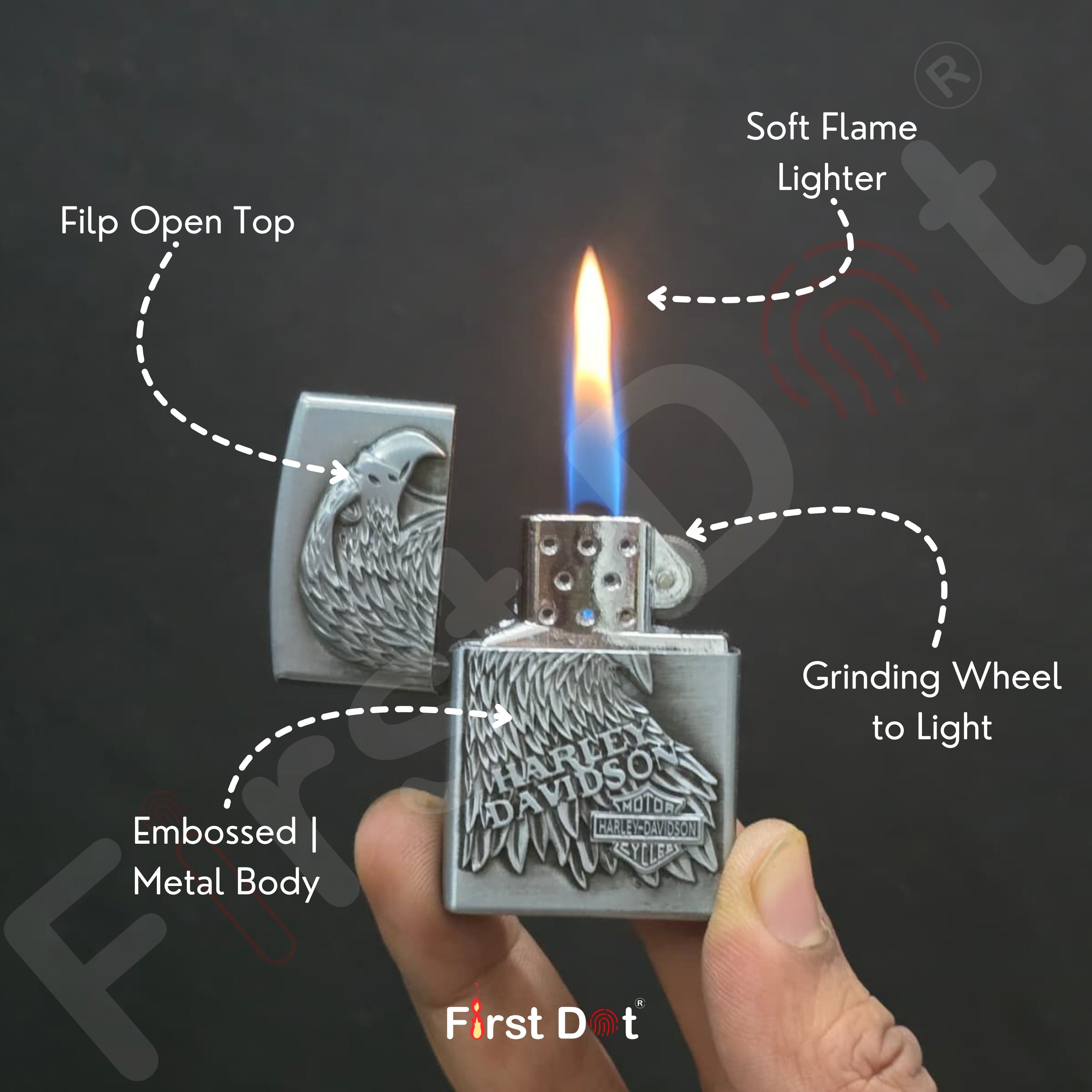 Harley Davidson lighter being held with features highlighted on a dark background