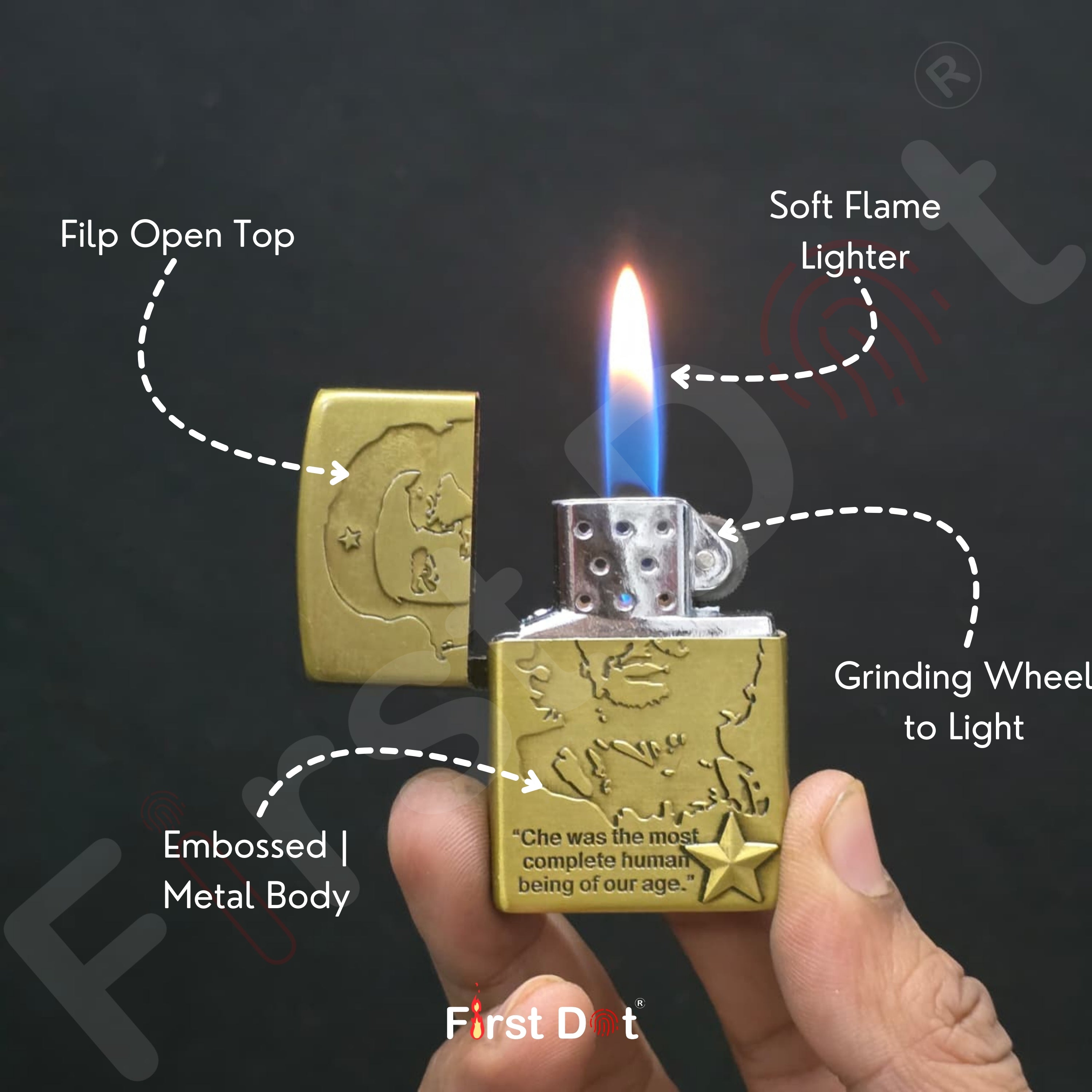 Gold lighter being held with features labeled on a dark background
