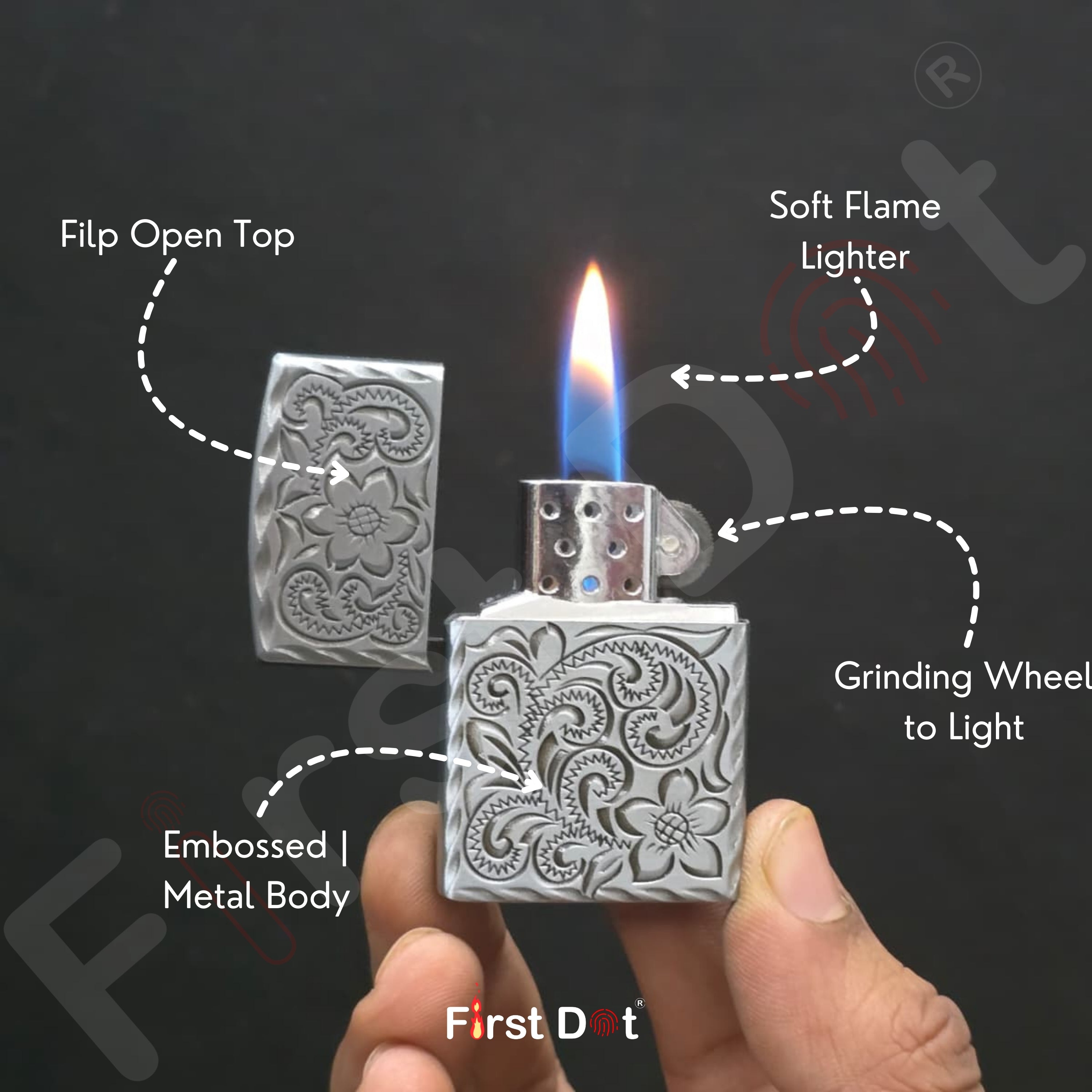 Silver lighter with floral design held by a hand, labeled features on a dark background