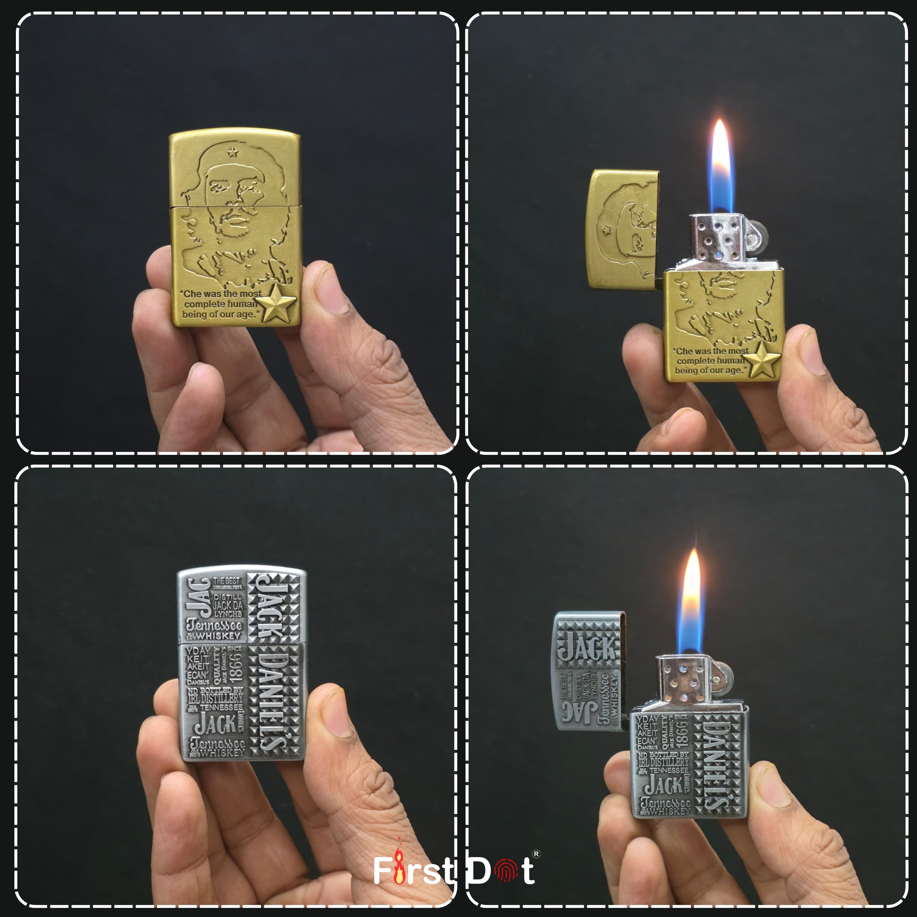 Collage of a gold and silver lighter being held and lit against a black background.