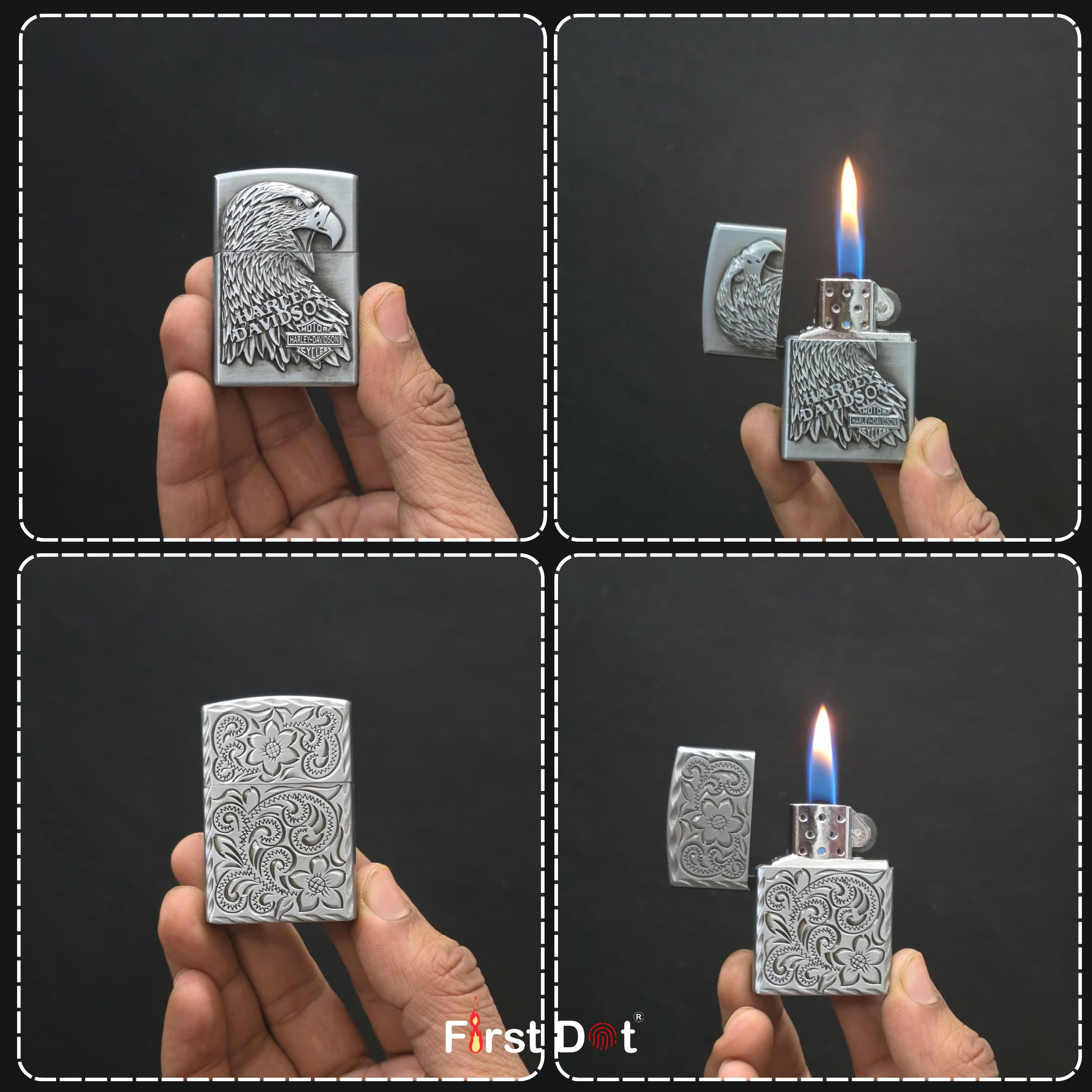 Silver lighter with eagle design held by a hand, lit and unlit.