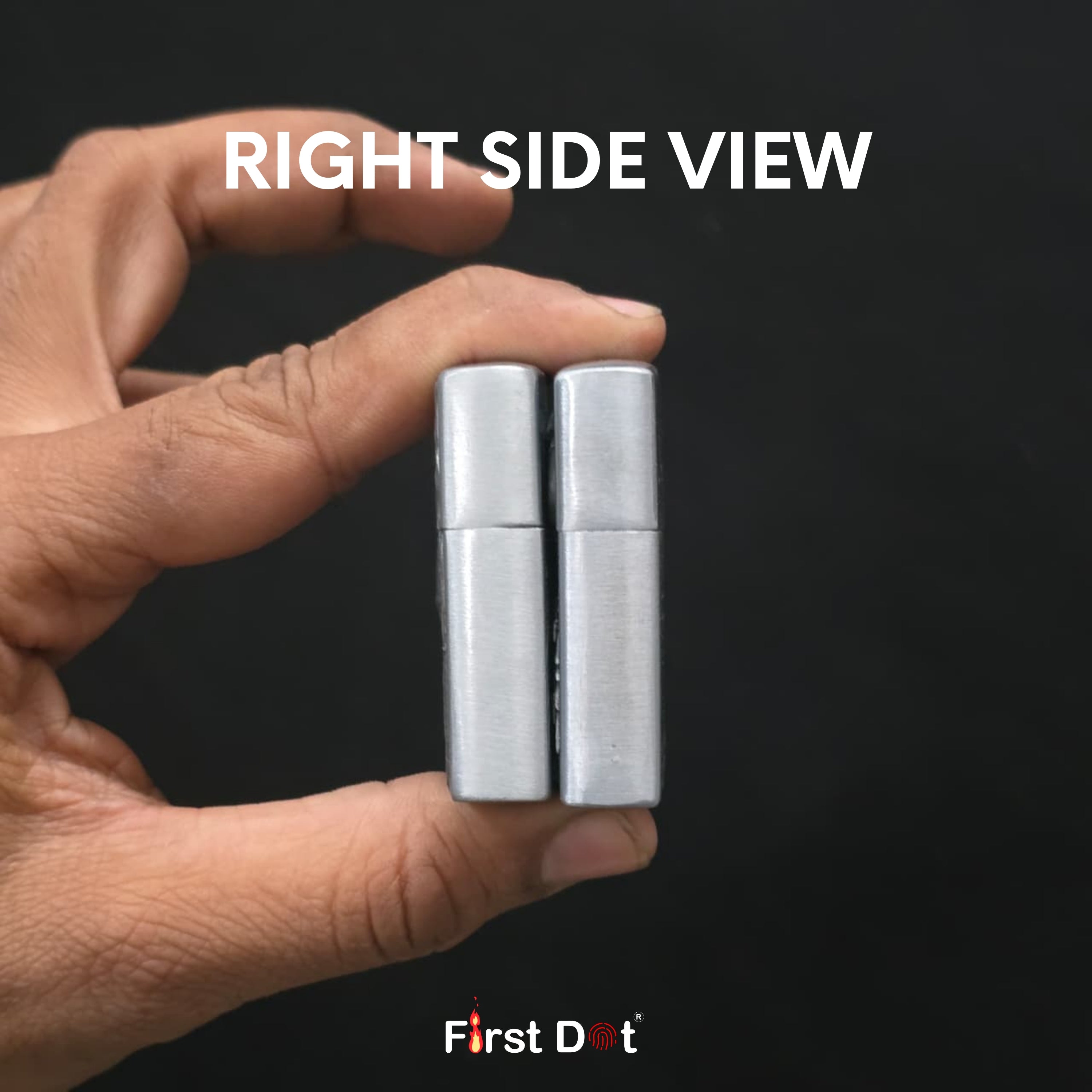 Hand holding two silver cylindrical objects with 'First Dot' branding on a black background.