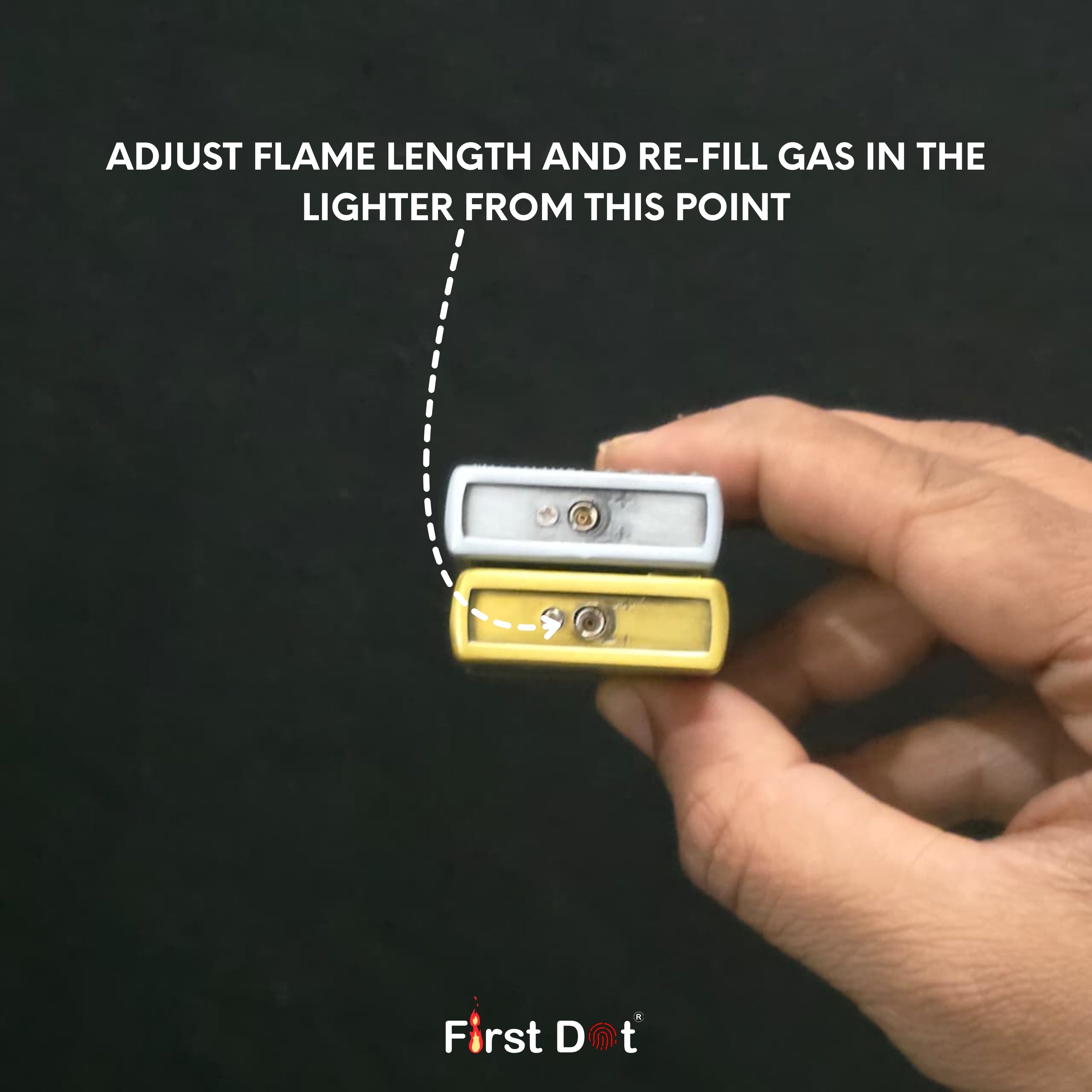 Hand holding a lighter with text on adjusting flame length and refilling gas, against a black background.