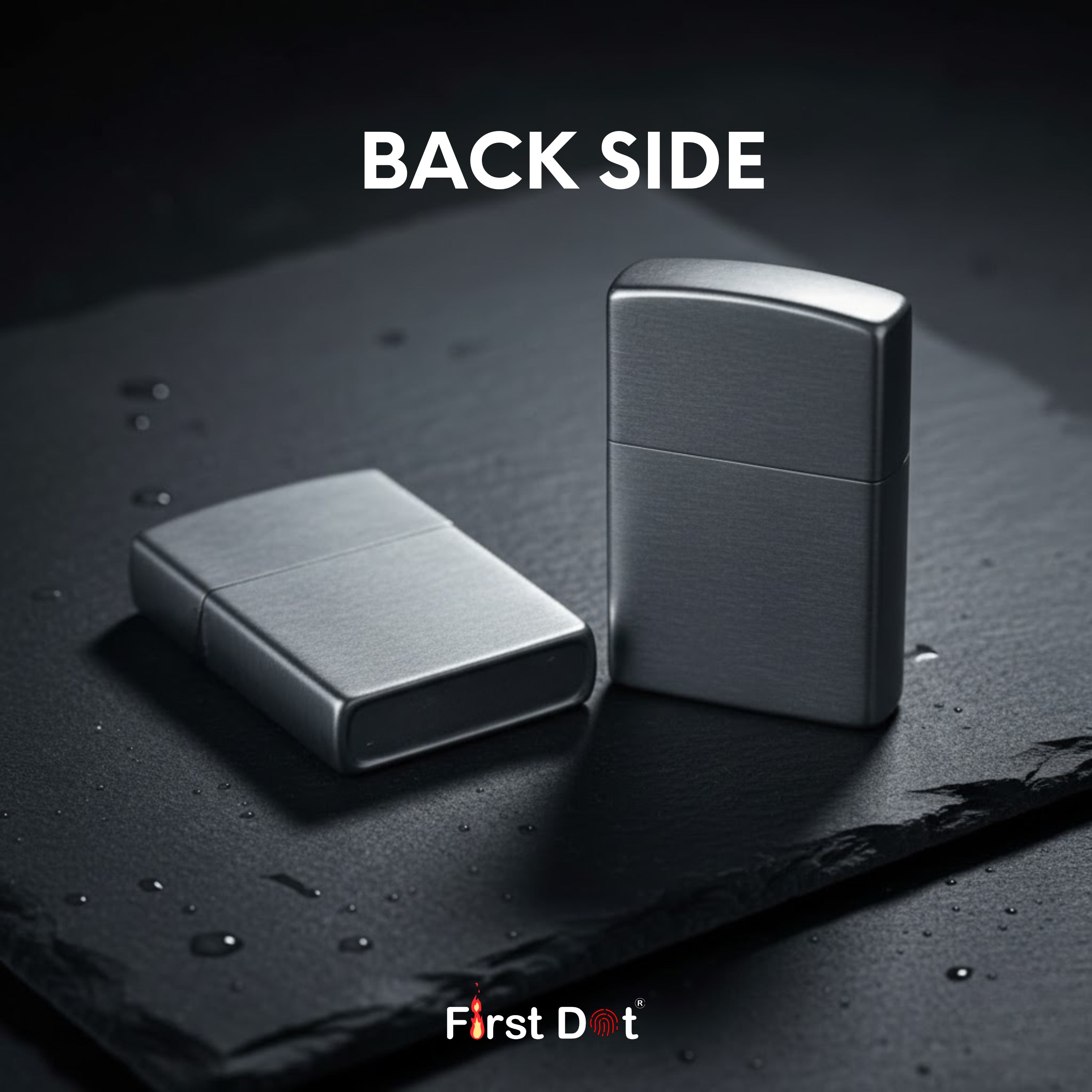 Two metallic zippo lighters on a dark surface with 'First Dot' branding.