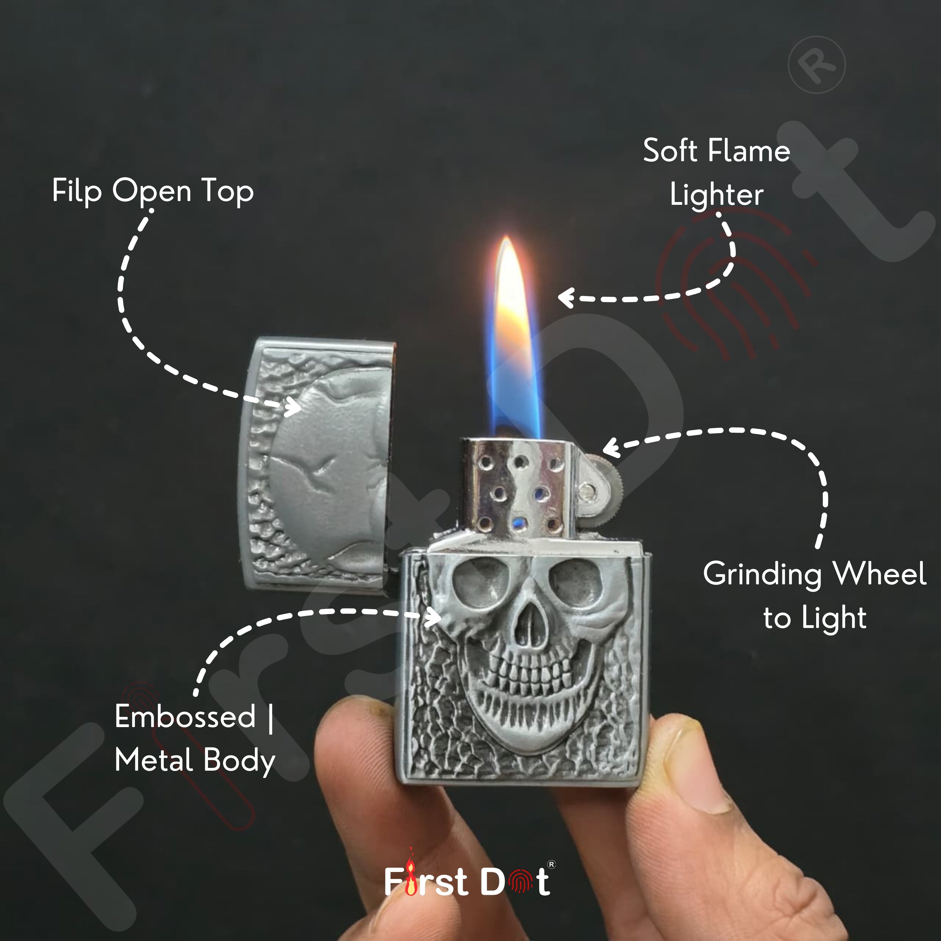 Metallic skull lighter being held with features labeled on a dark background