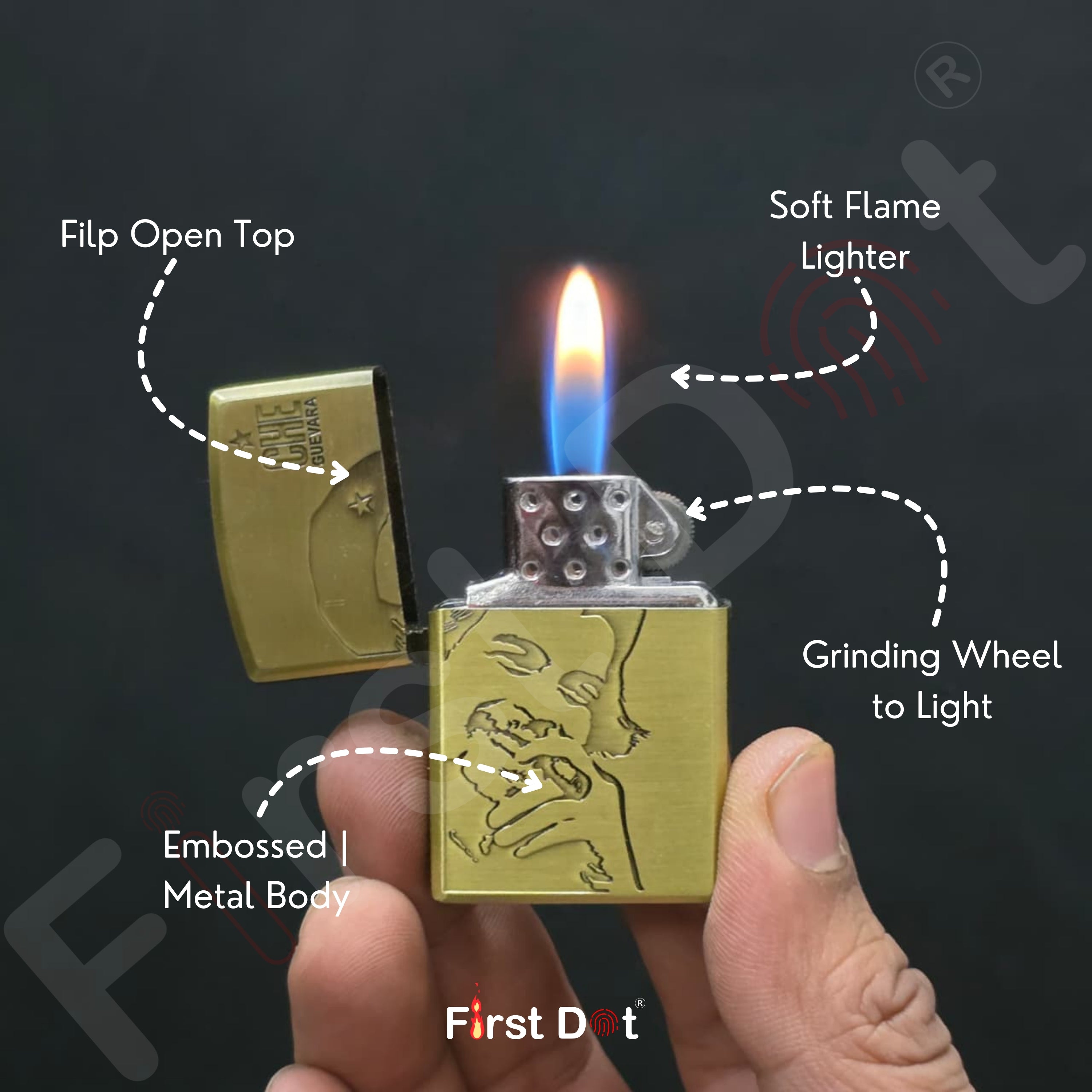 Gold lighter being held with features labeled on a dark background