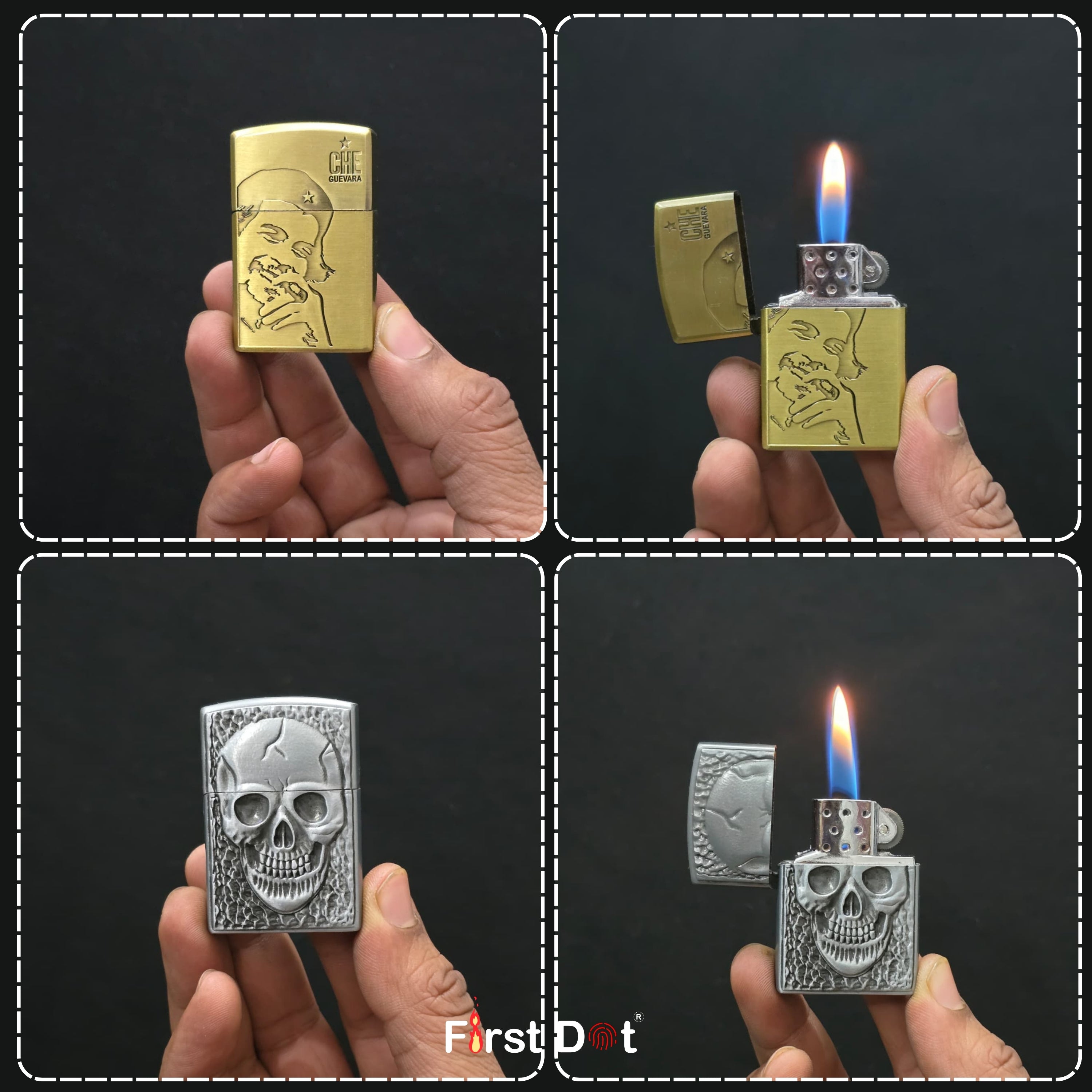 Gold and silver lighters with skull design held by a hand against a black background, featuring 'FirstDot' branding.