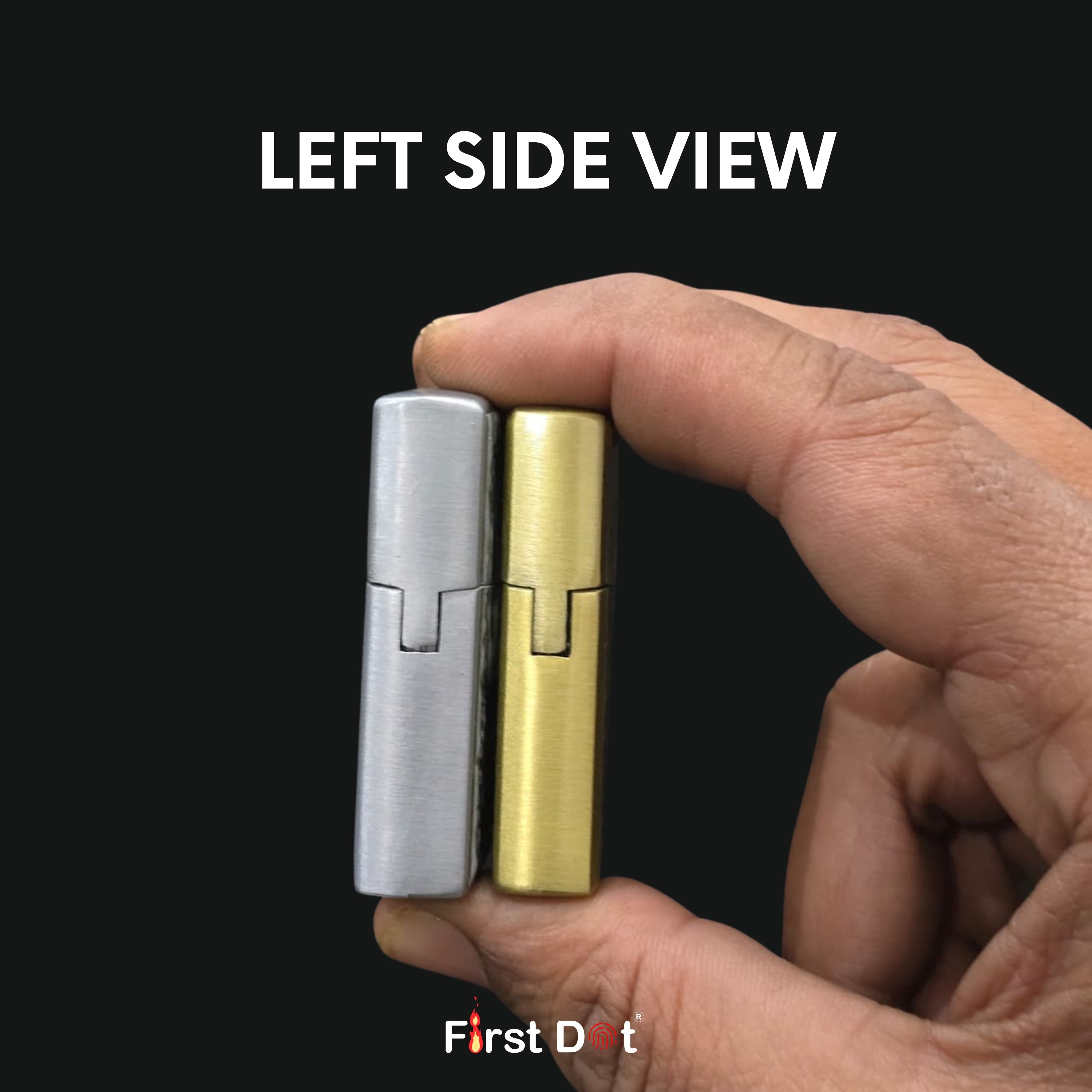 Hand holding a silver and gold lighter with 'First Dot' branding on a black background.