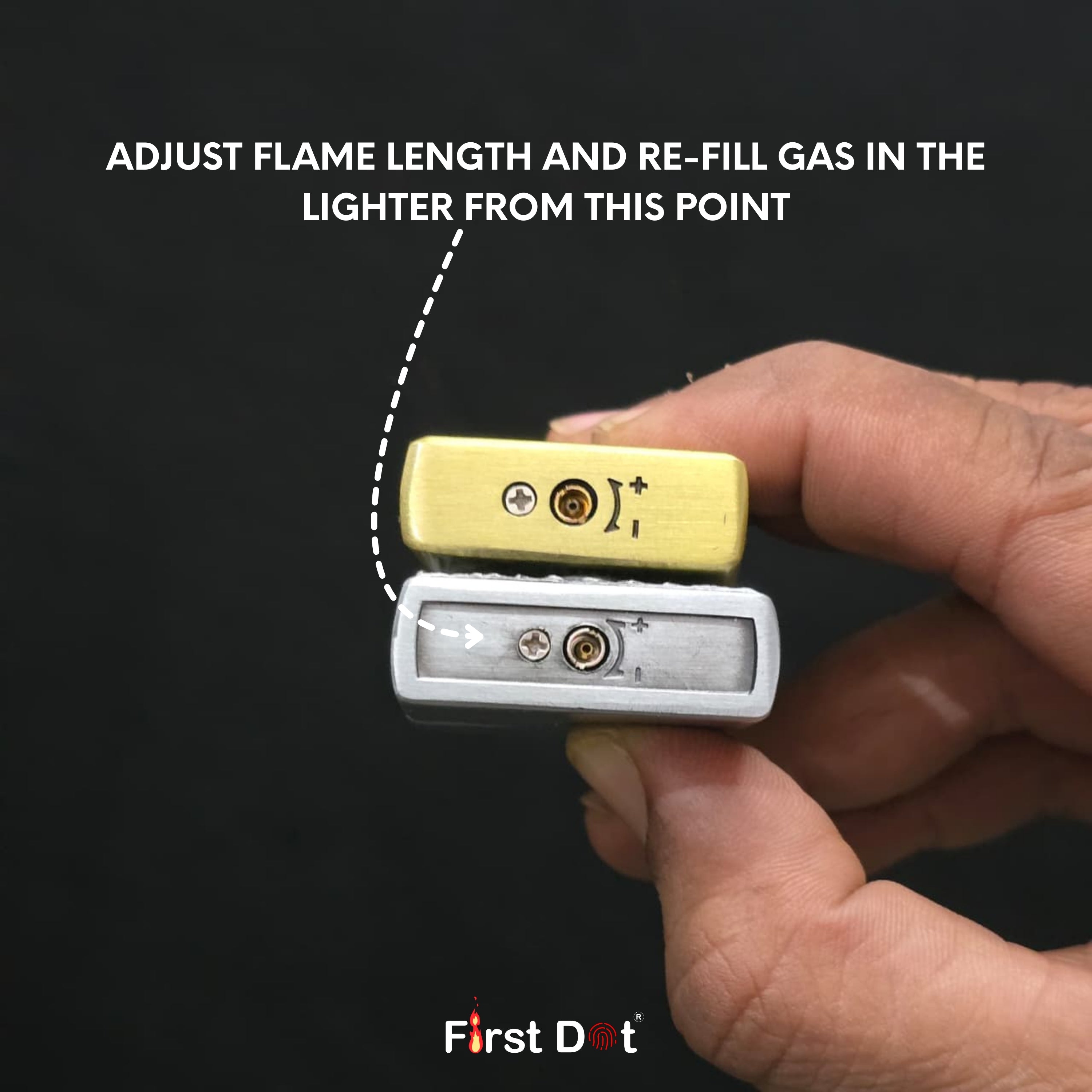 Hand holding a lighter with labeled parts and text on a black background