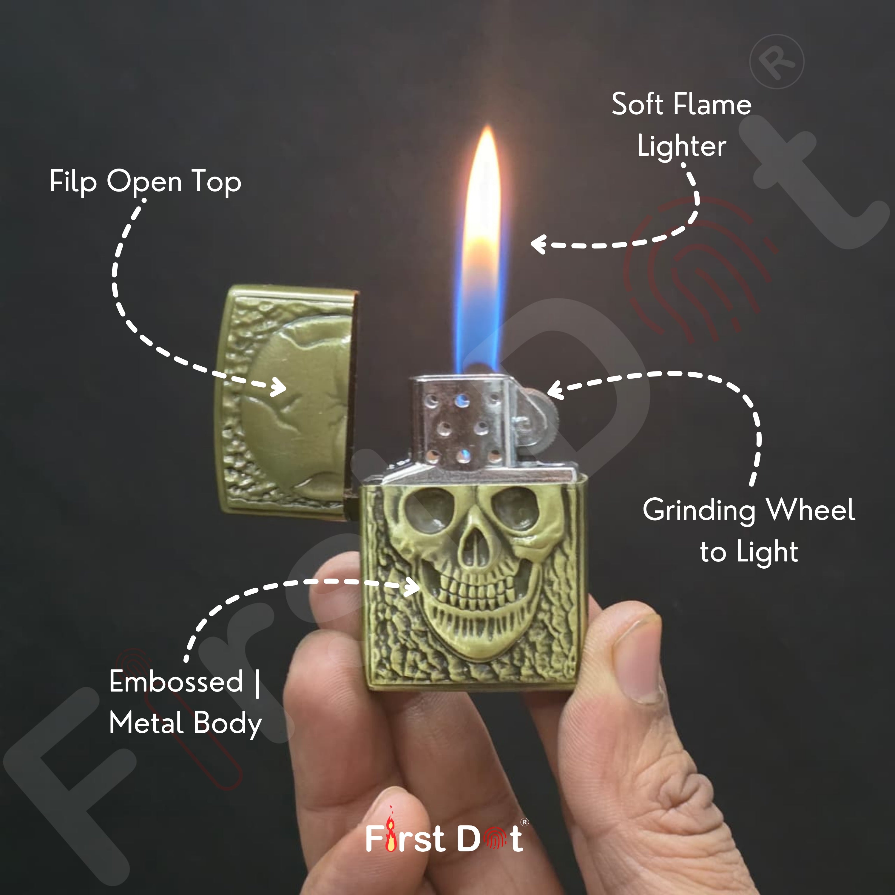 Skull-themed lighter being held with features highlighted on a dark background