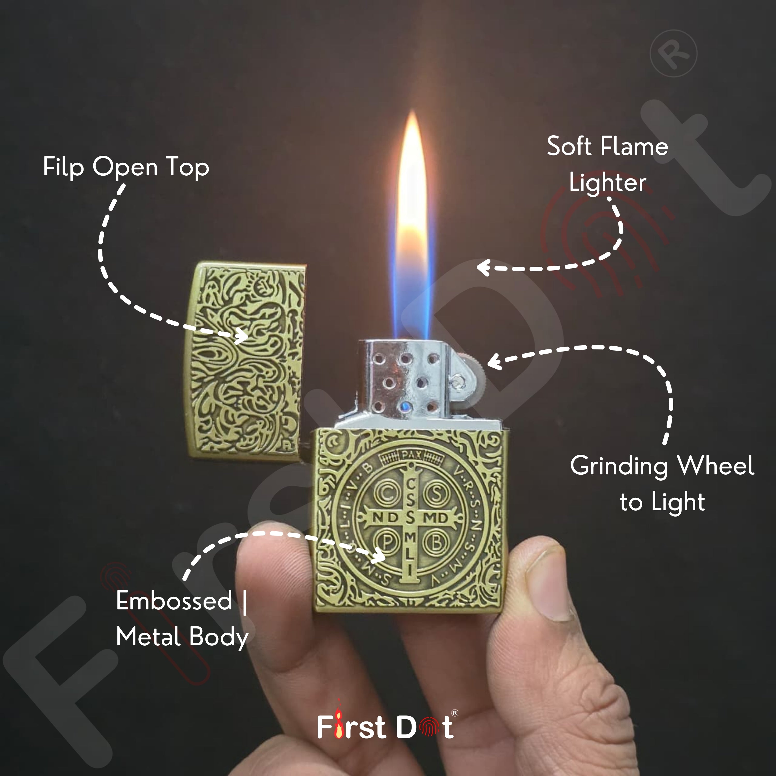 Gold lighter with features labeled, held by a hand against a dark background