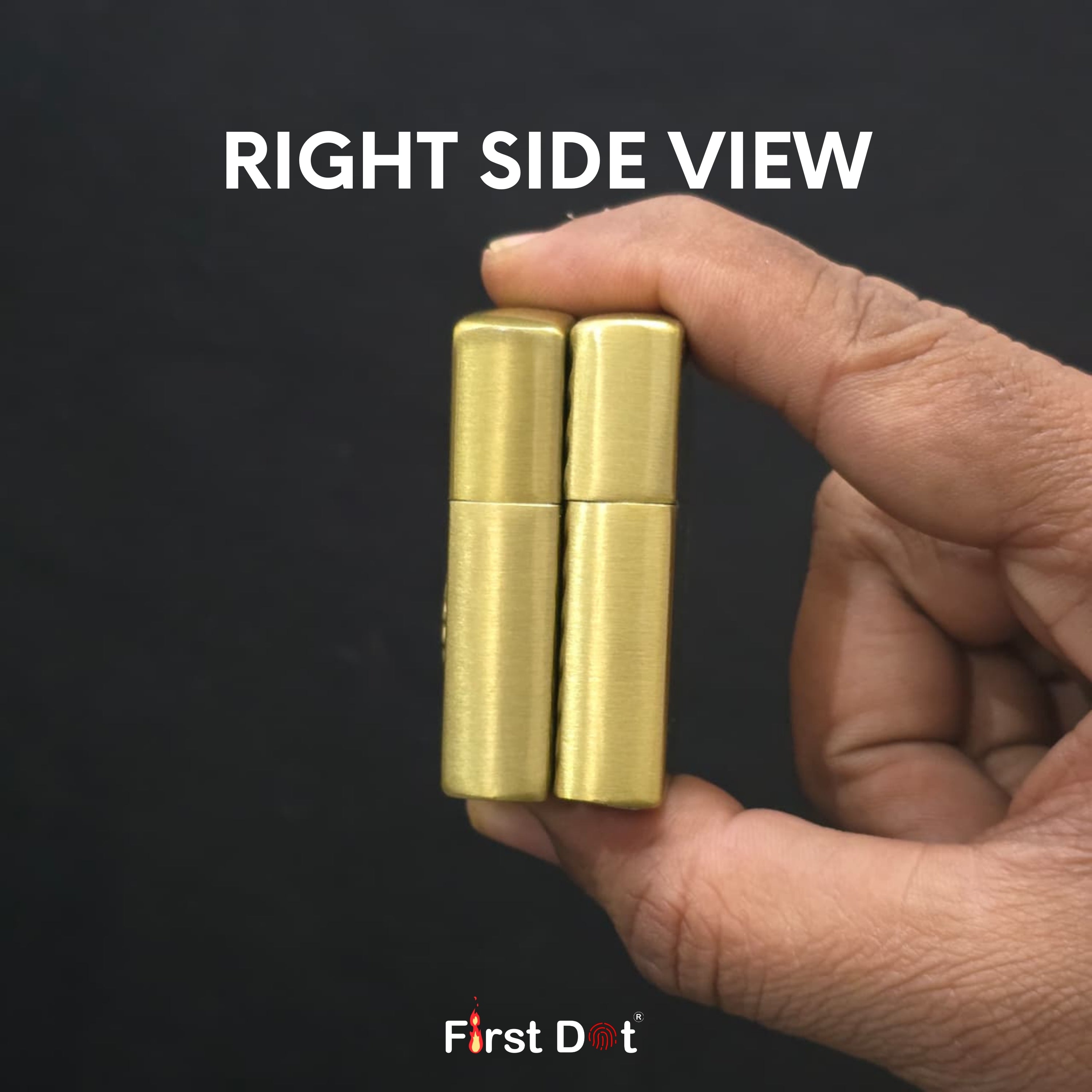 Gold lighter held by a hand with 'First Dot' branding on a black background