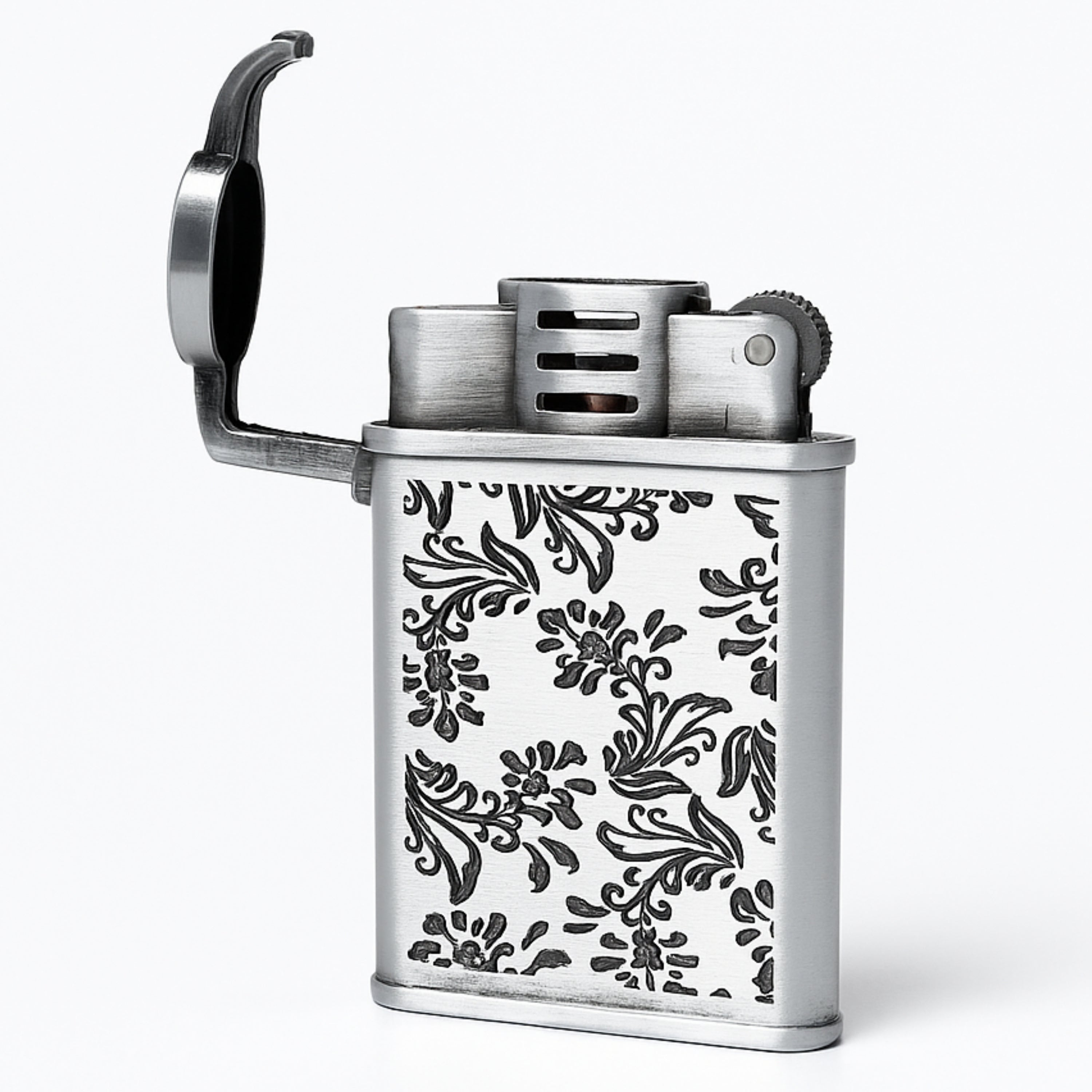 Silver lighter with floral pattern on a white background Embossed Floral Slim Jet Fire Lighter – Windproof & Stylish