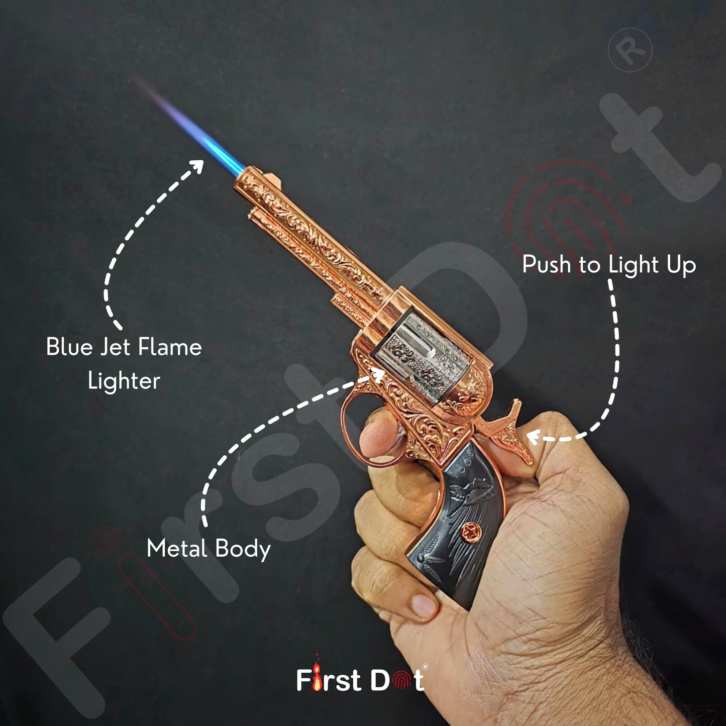 Premium Big Size Vintage Revolver Gun Lighter – Windproof Jet Flame | First Dot