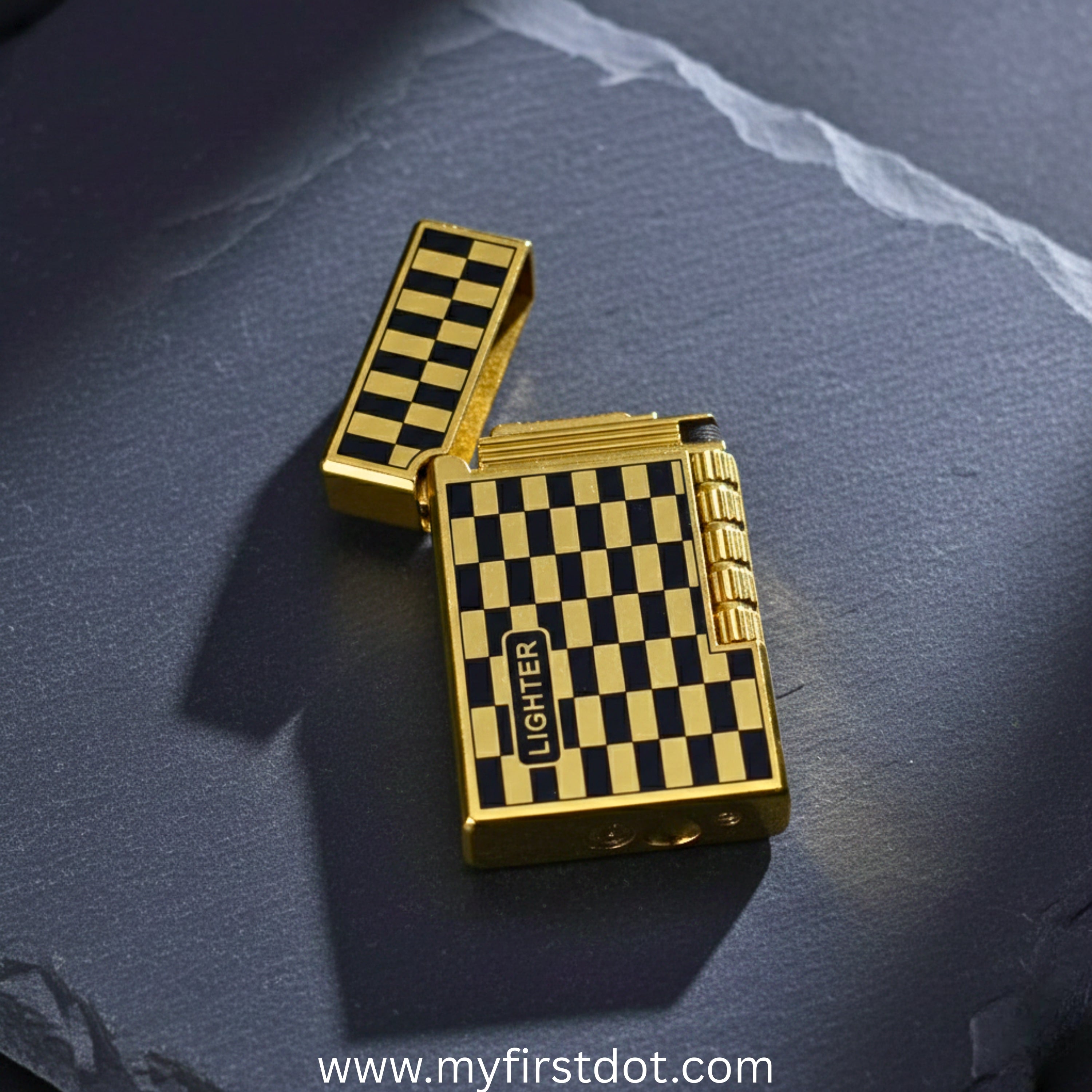 Premium Metal Body Side-Roller Flint Lighter (Butane Gas) Checkered Gold