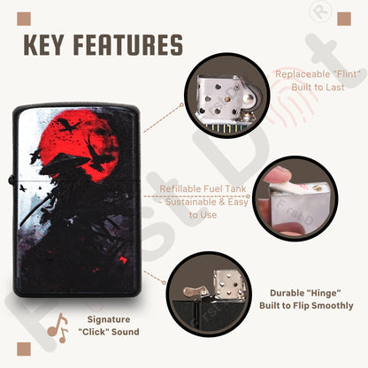 Lighter with key features highlighted on a white background Samurai Warrior Premium Refillable Cigarette Lighter