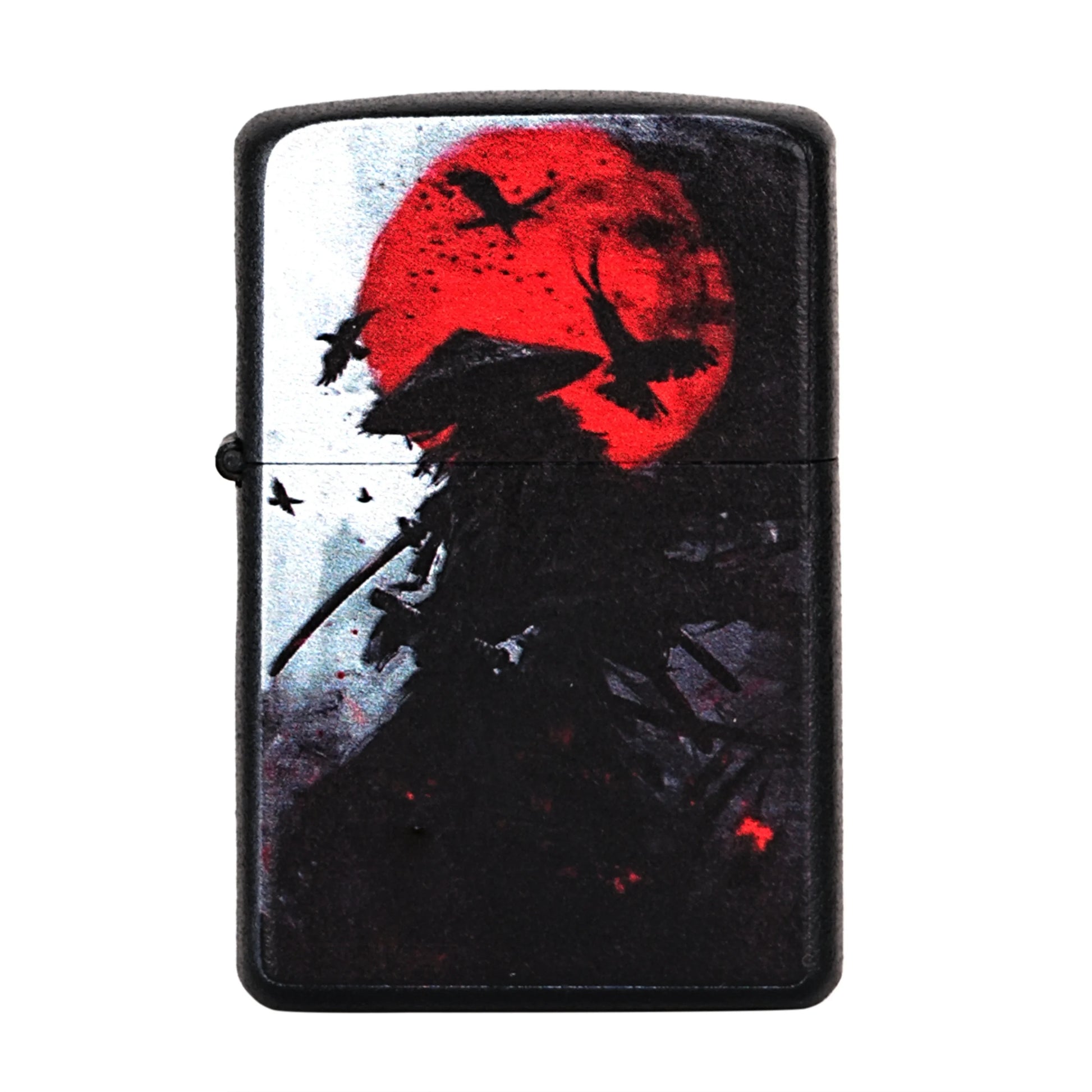 Lighter with a design of a silhouette of a person with a bow and arrow against a red moon, on a white background. Samurai Warrior Premium Refillable Cigarette Lighter