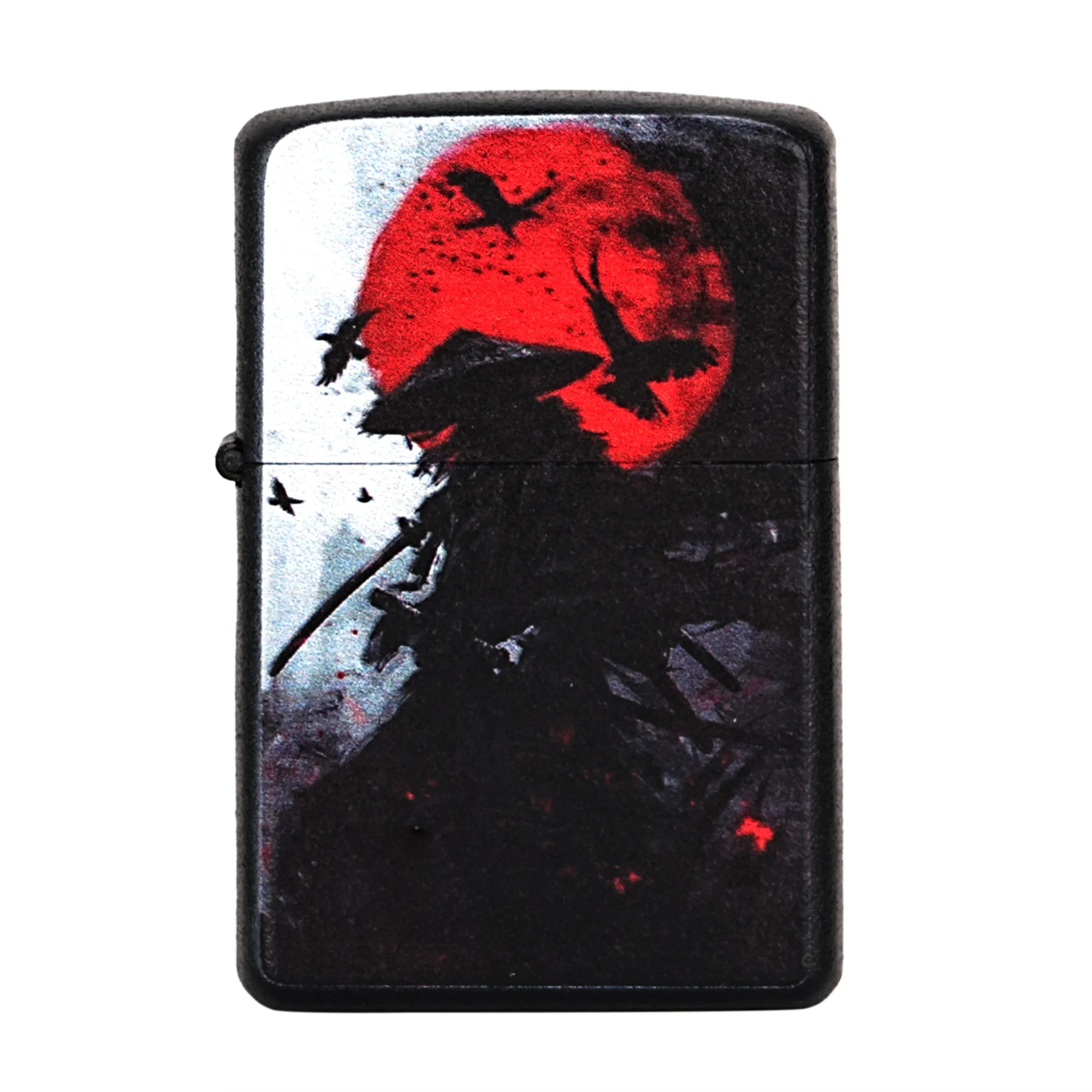 Lighter with a design of a silhouette of a person with a bow and arrow against a red moon, on a white background. Samurai Warrior Premium Refillable Cigarette Lighter
