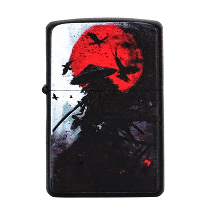 Lighter with a design of a silhouette of a person with a bow and arrow against a red moon, on a white background. Samurai Warrior Premium Refillable Cigarette Lighter