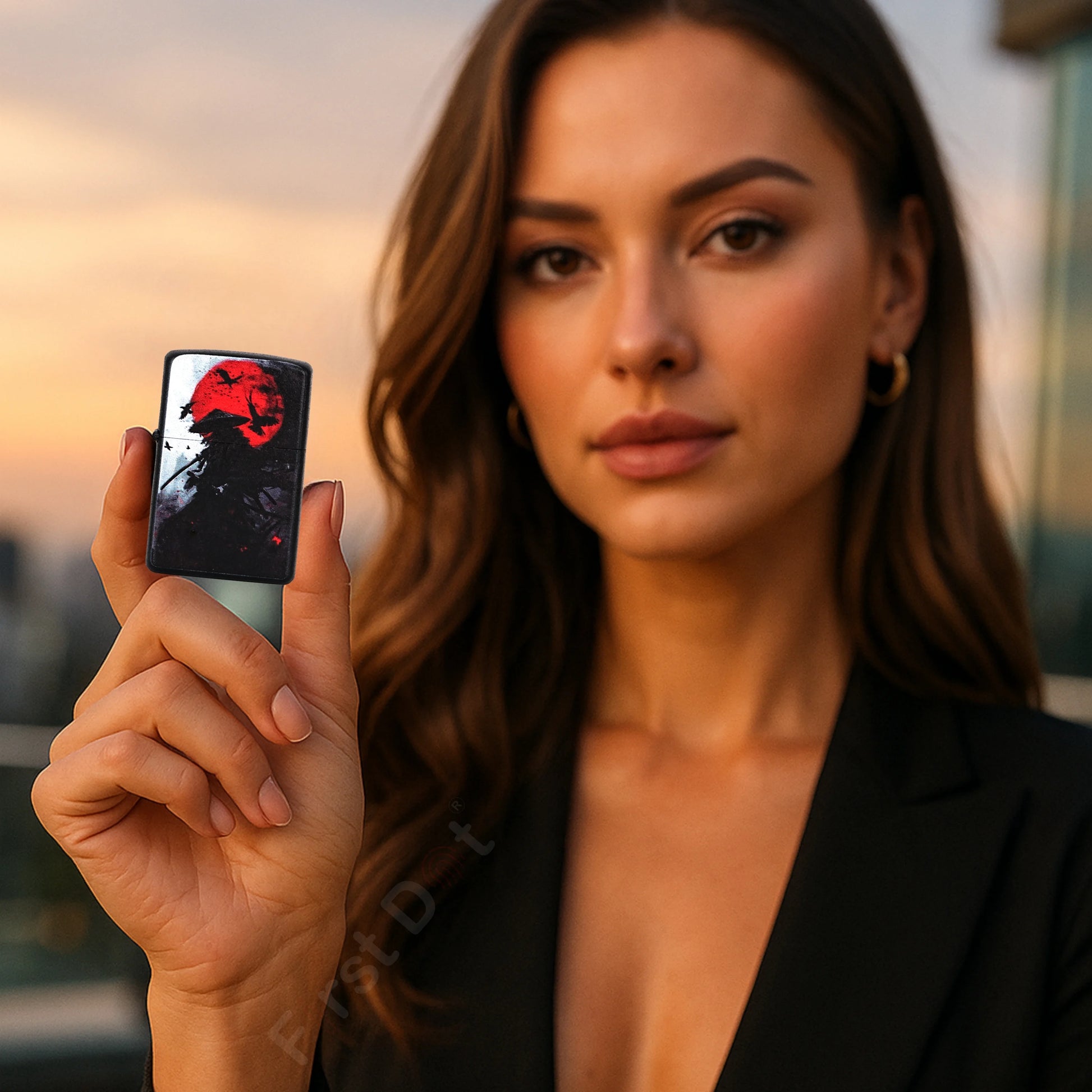 Woman holding a Samurai Warrior Premium Refillable Cigarette Lighter with a design of a red and black figure against a sunset background