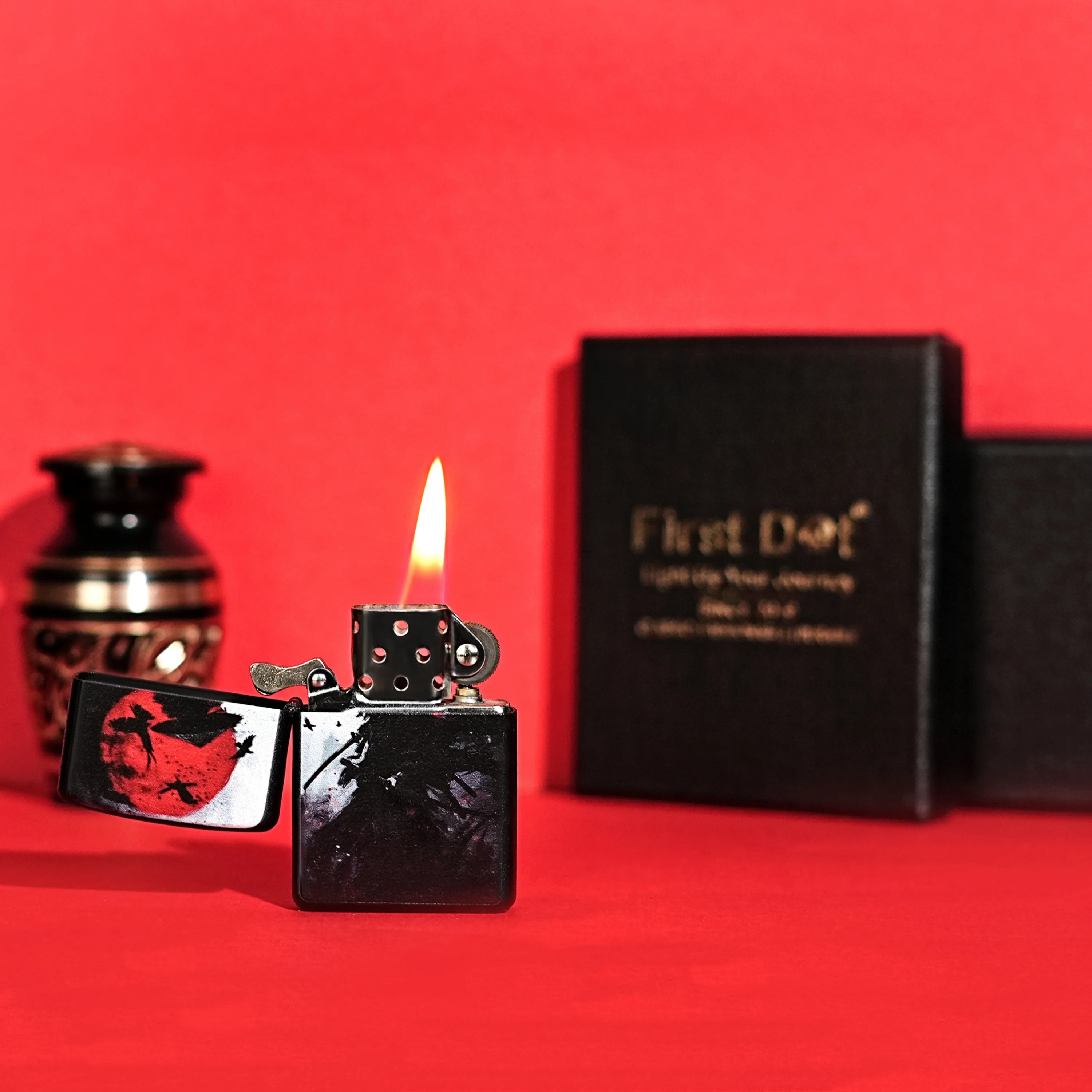 Lighter with flame on a red background, next to a black box labeled 'First Dot'.Samurai Warrior Premium Refillable Cigarette Lighter