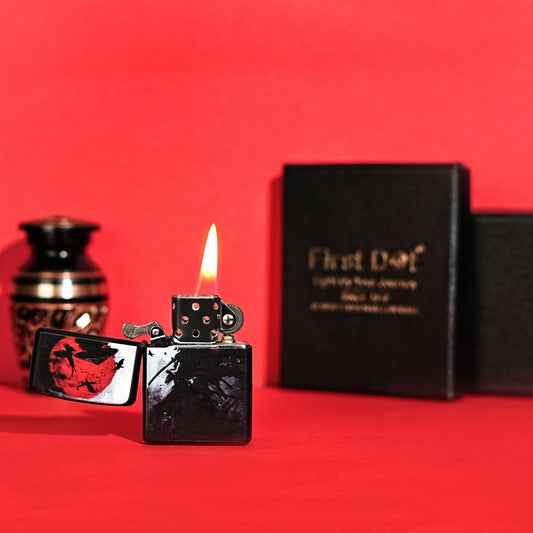 Lighter with flame on a red background, next to a black box labeled 'First Dot'.Samurai Warrior Premium Refillable Cigarette Lighter