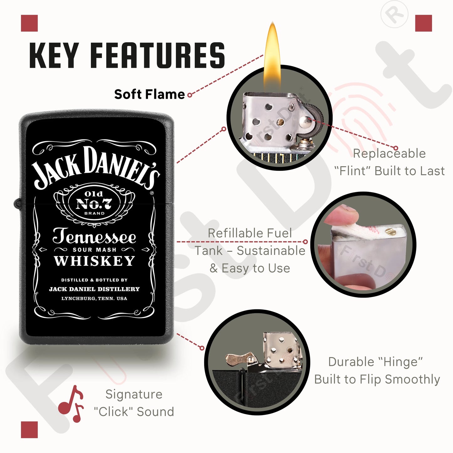 Premium Jack Daniel’s Signature Lighter – Windproof Refillable Cigarette Lighter for Men