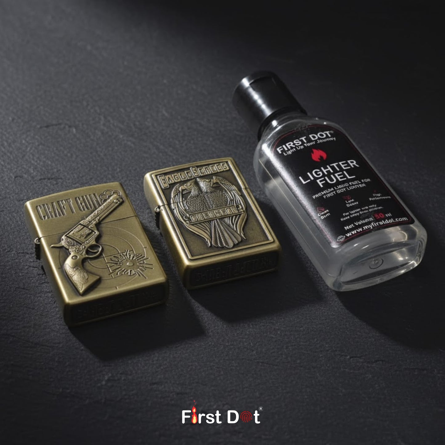 Brass lighter and bottle of First Dot lighter fuel on a dark surface