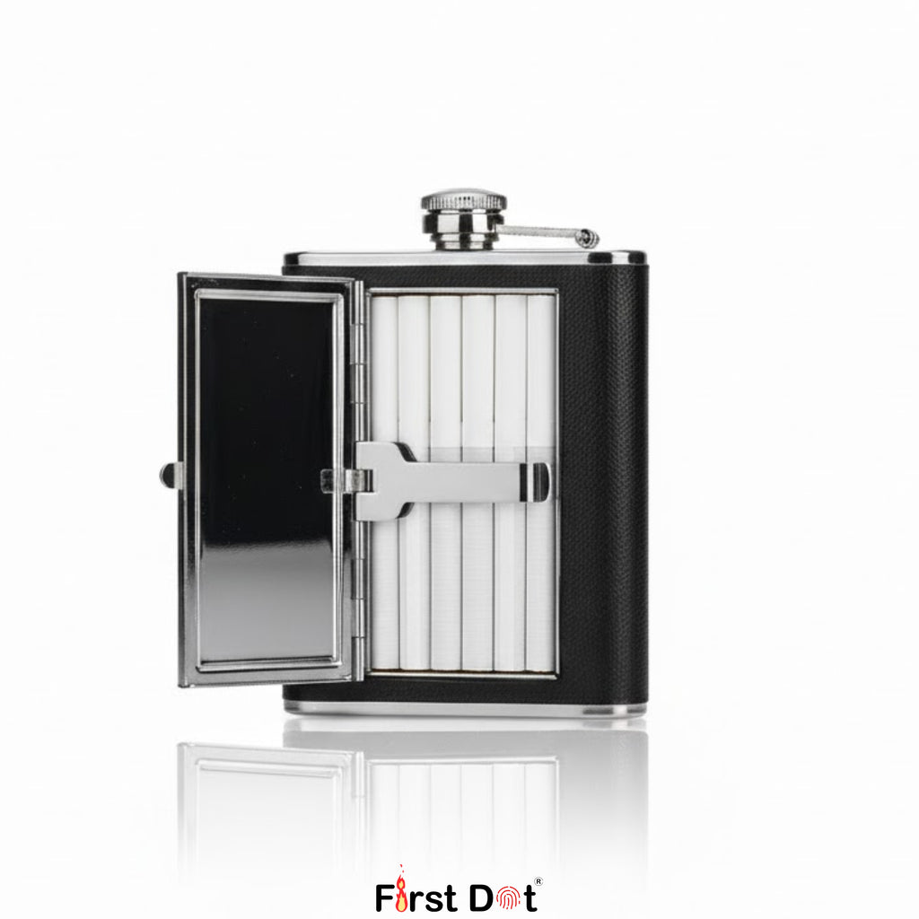 Metal Hip Flask with Hidden Cigarette Case | Flask for Travel 8oz