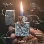 Metallic lighter with detailed design held by a hand, lit with text labels pointing to features.