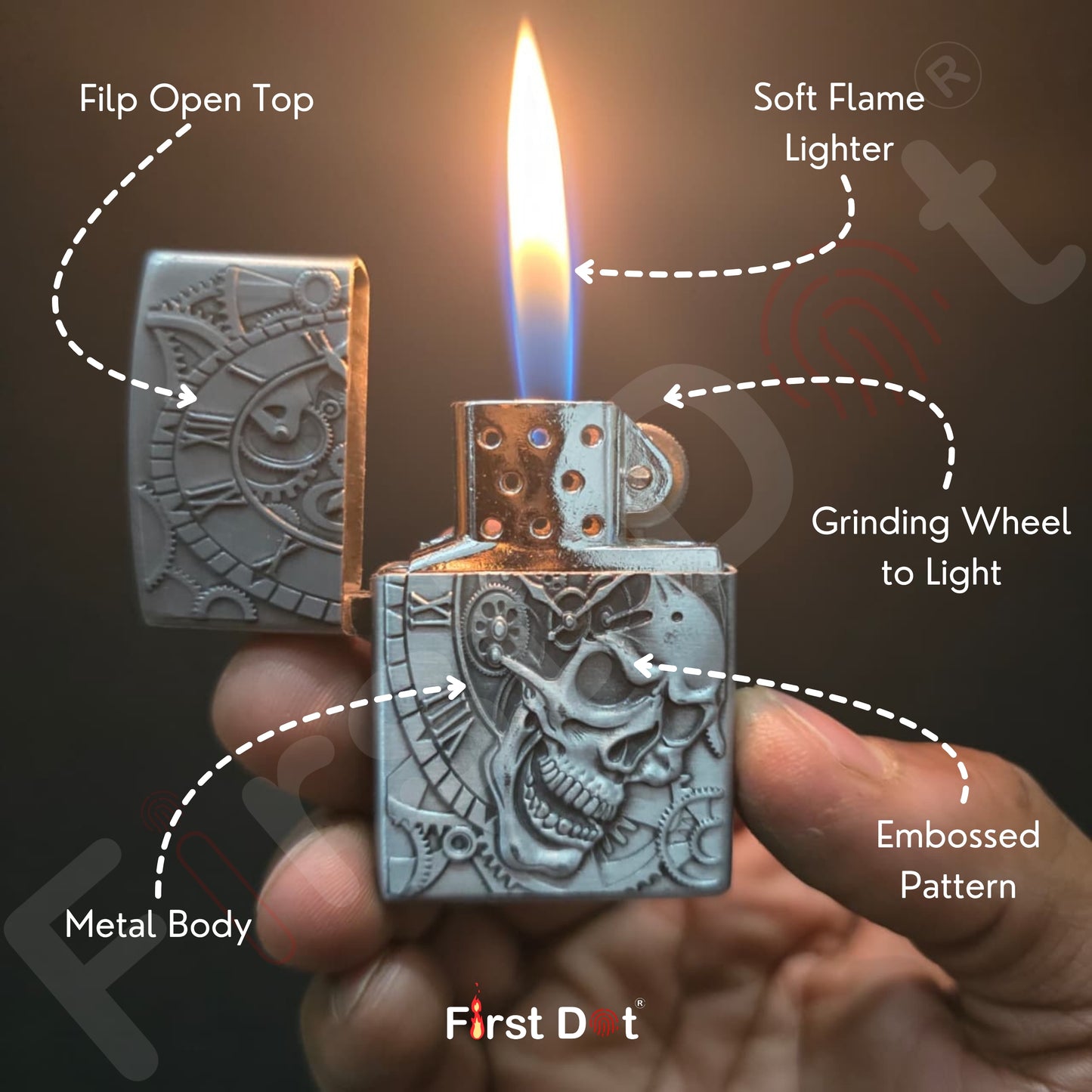 Metallic lighter with detailed design held by a hand, lit with text labels pointing to features.