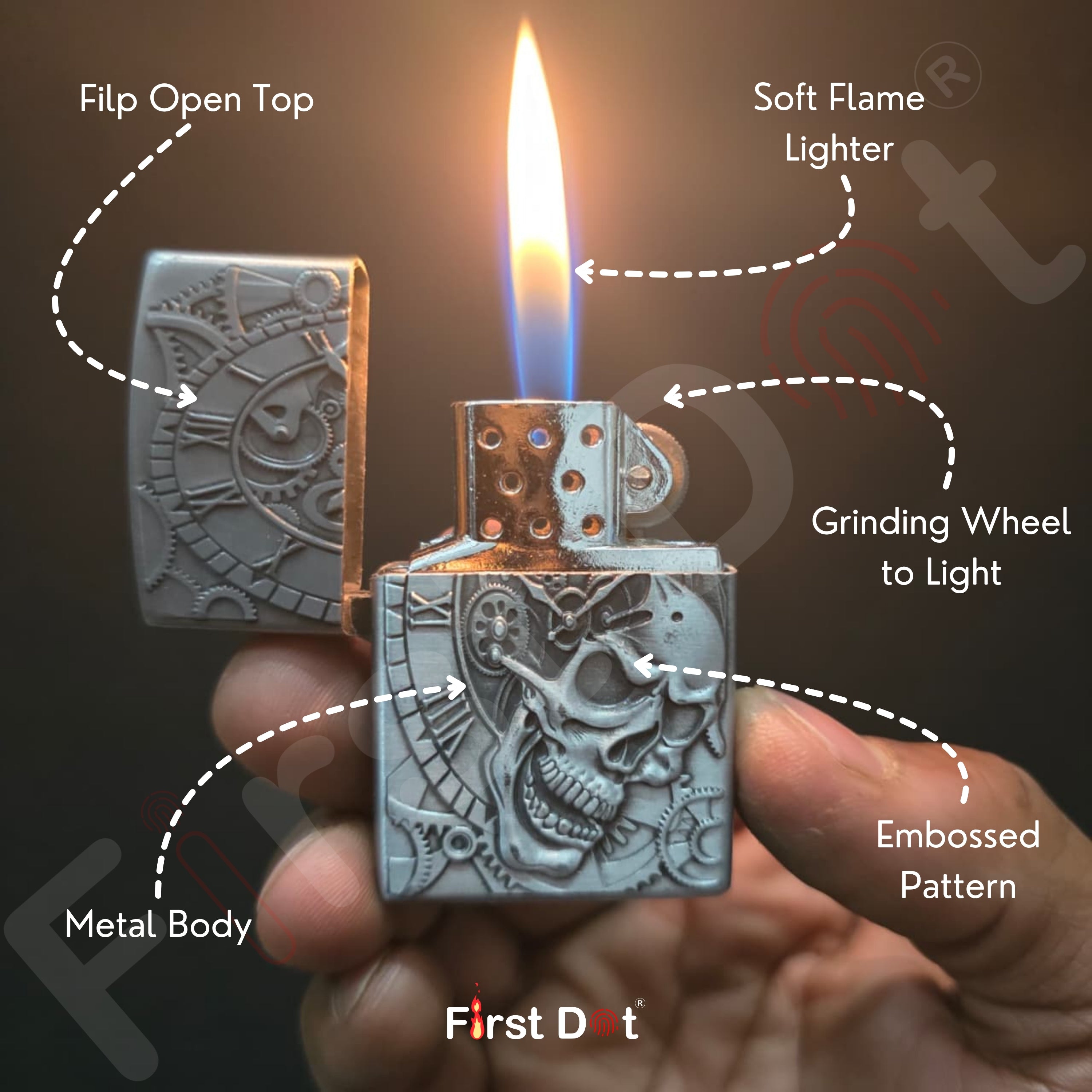 Metallic lighter with detailed design held by a hand, lit with text labels pointing to features.