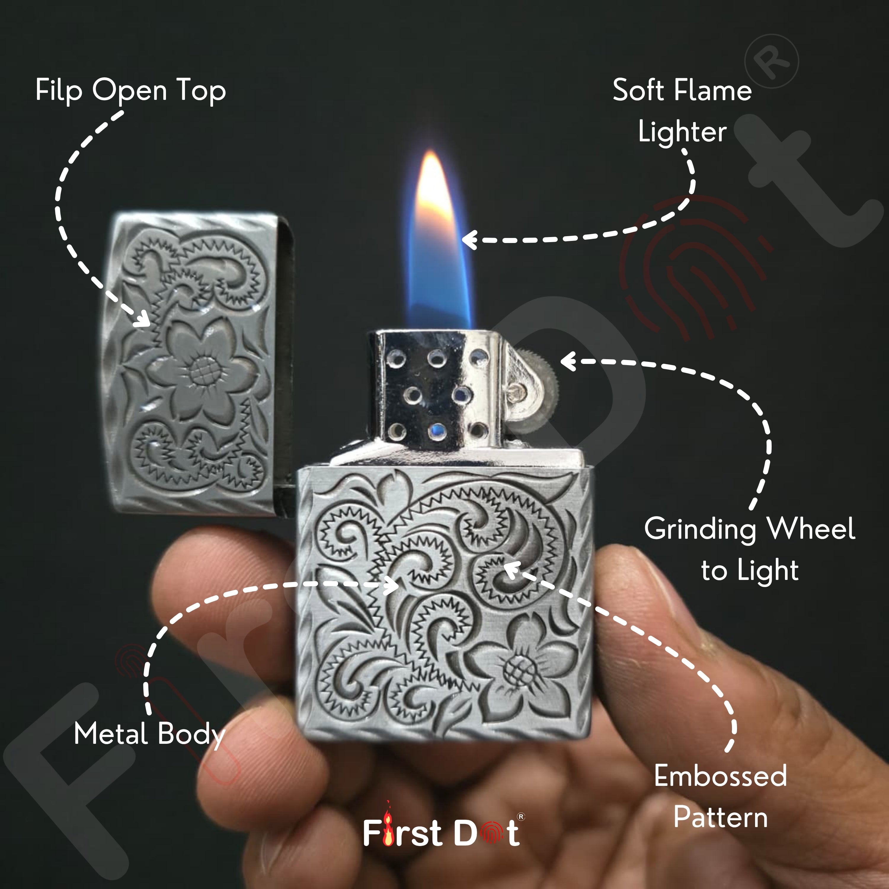 Silver lighter with floral patterns held by a hand, labeled features on a black background.