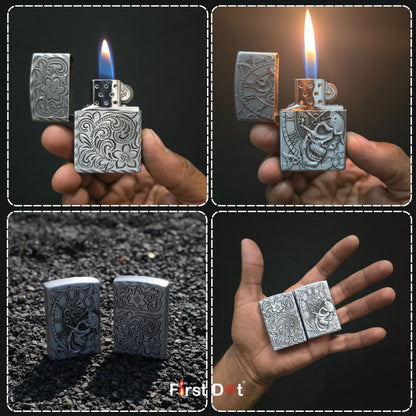 Collage of a silver lighter with intricate designs held by a hand, against a dark background.