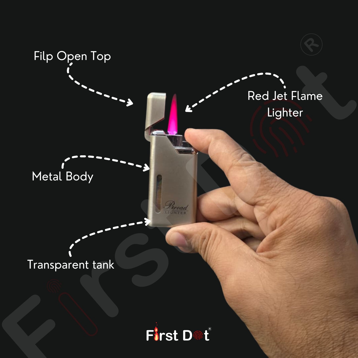Hand holding a red jet flame lighter with labeled features on a black background