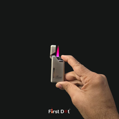 Hand holding a silver lighter with a visible brand logo on a black background