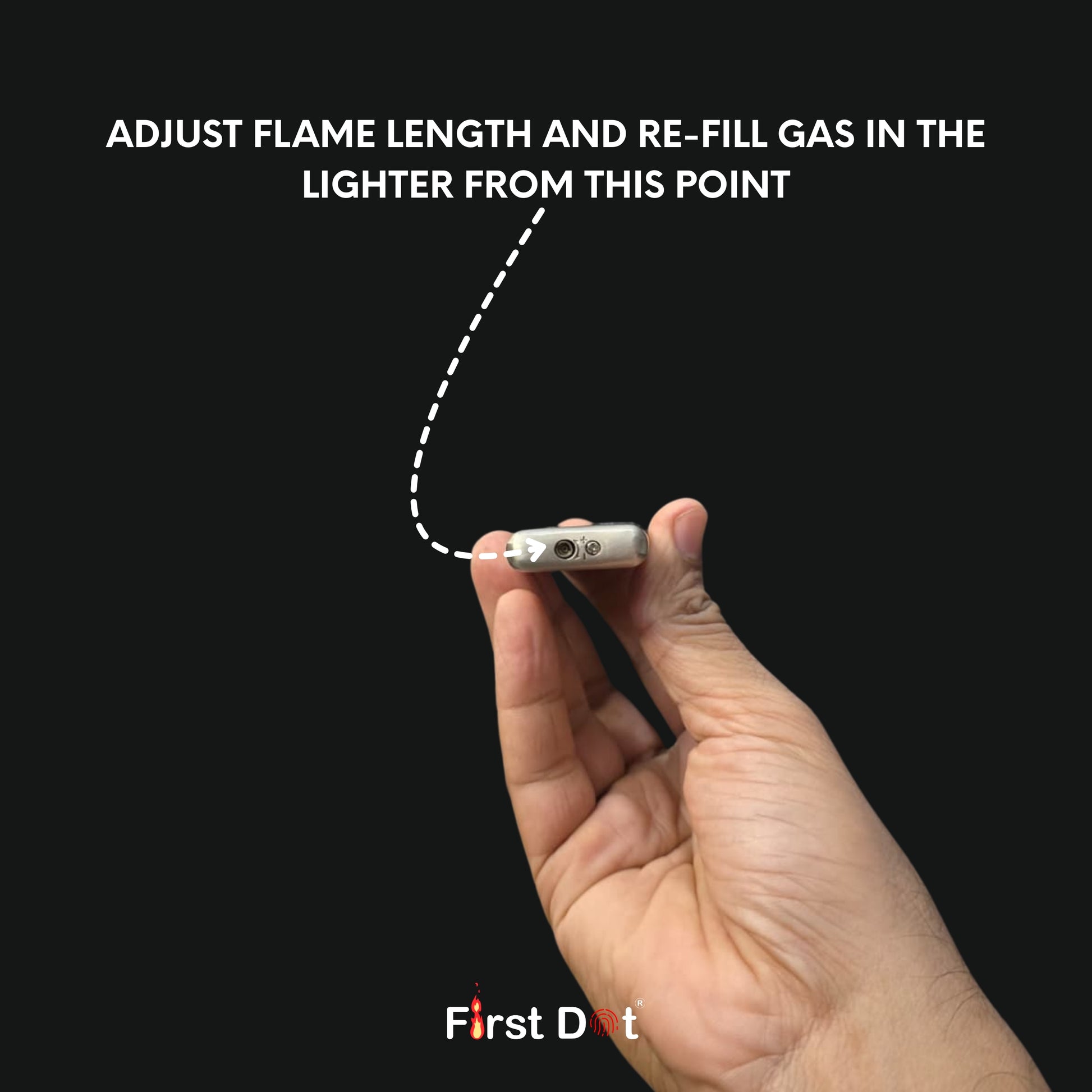 Hand holding a lighter with instructions on adjusting flame length and refilling gas, against a black background.
