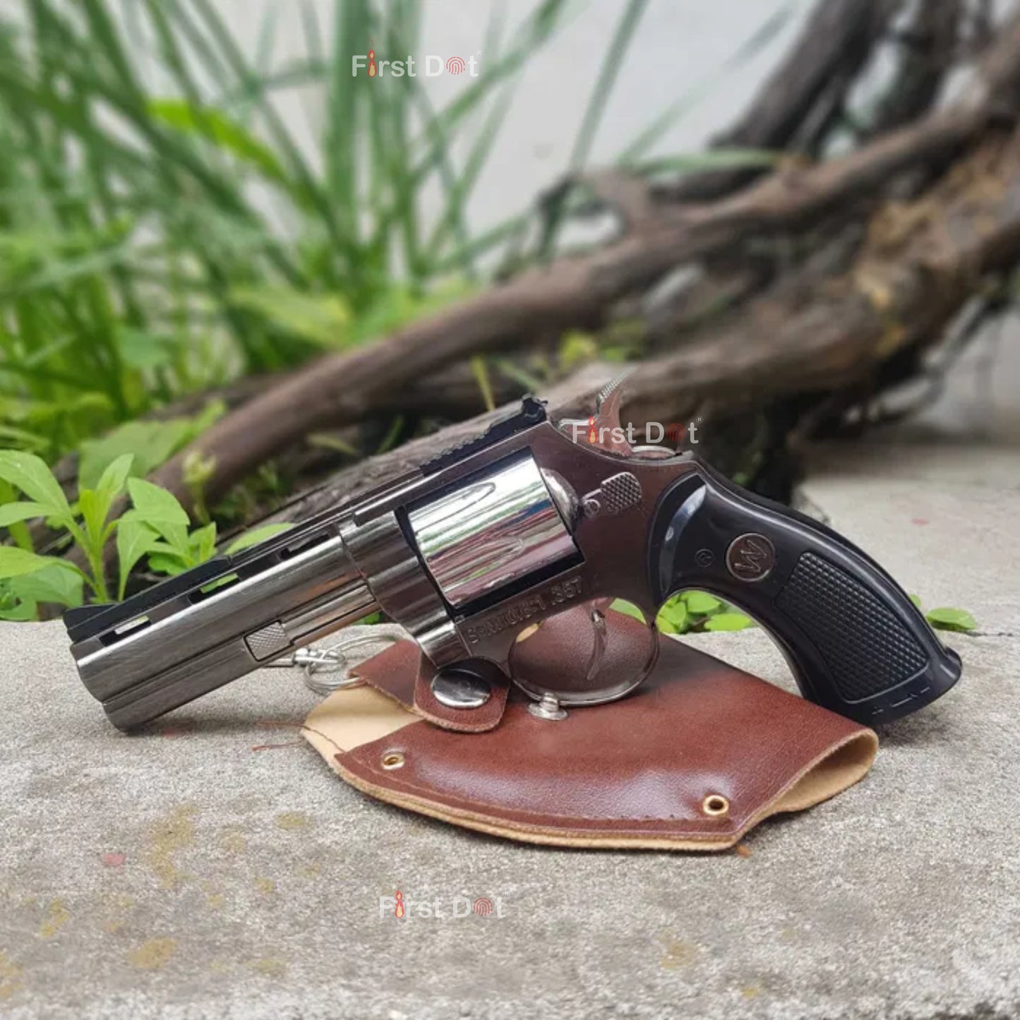 Revolver with a leather holster on a concrete surface with plants in the background Metal Revolver Style Jet Flame Lighter – Windproof Butane | First Dot