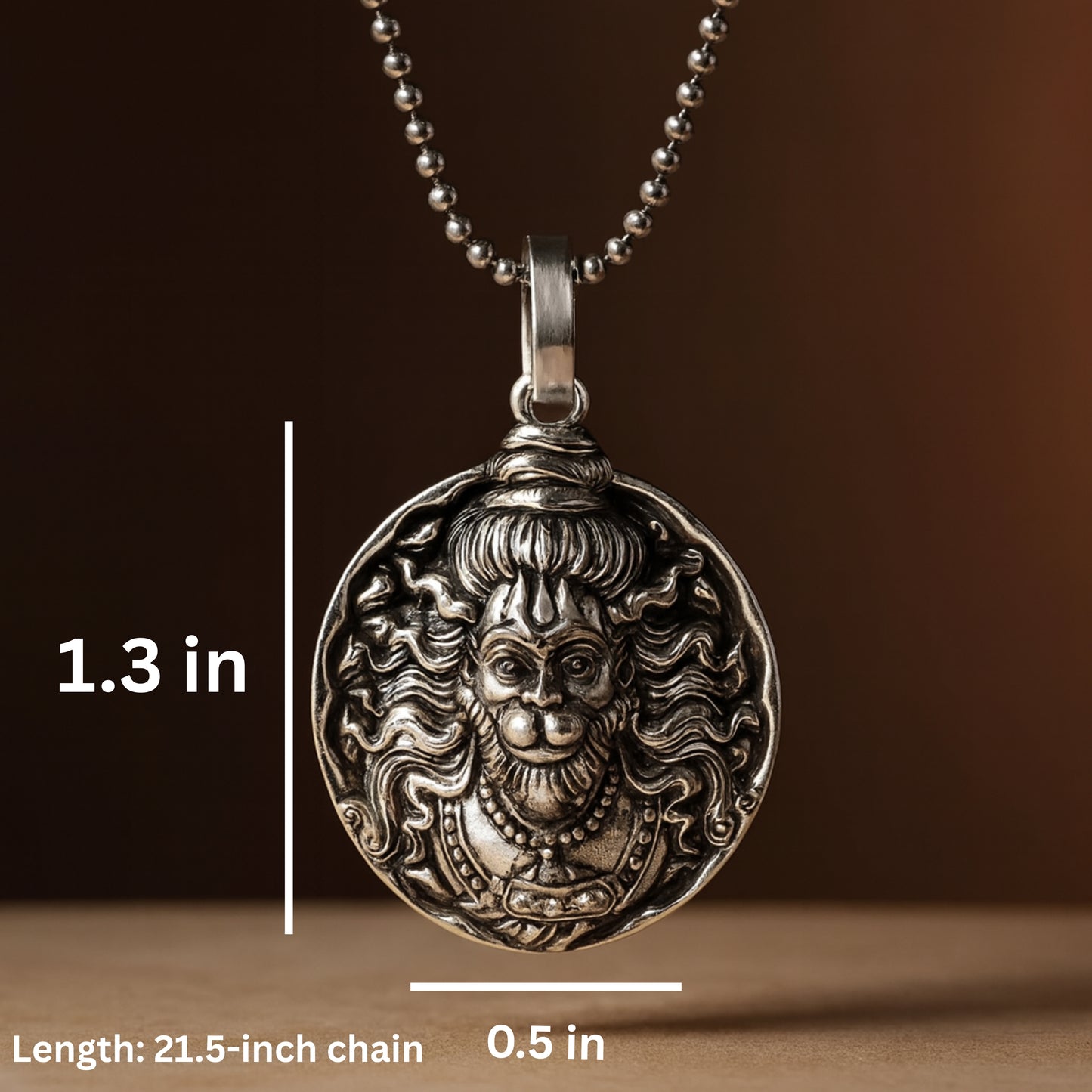 Silver pendant with detailed design on a brown background श्री हनुमान जी Round Pendant Locket with Chain 